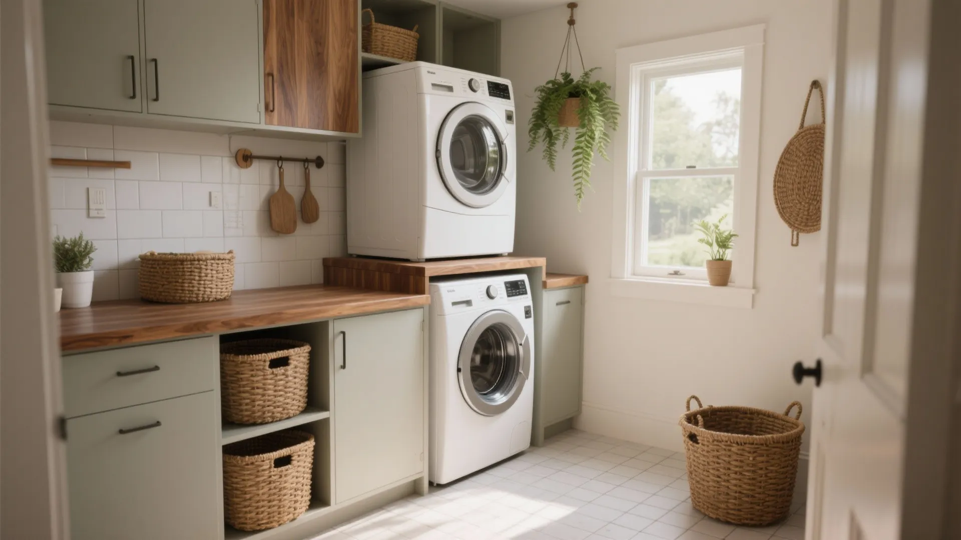 Small laundry room featuring stacked washing machine dryer green cabinets wood countertop and woven baskets