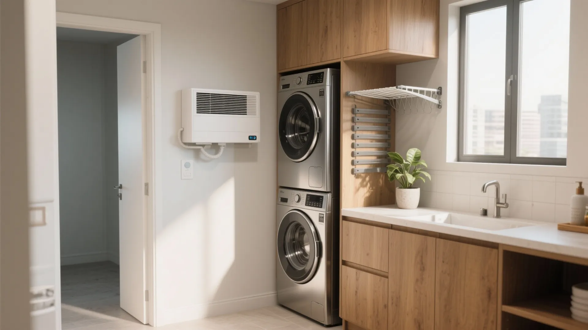 Modern laundry room with stacked washing machine and dryer next to wooden cabinets and sink