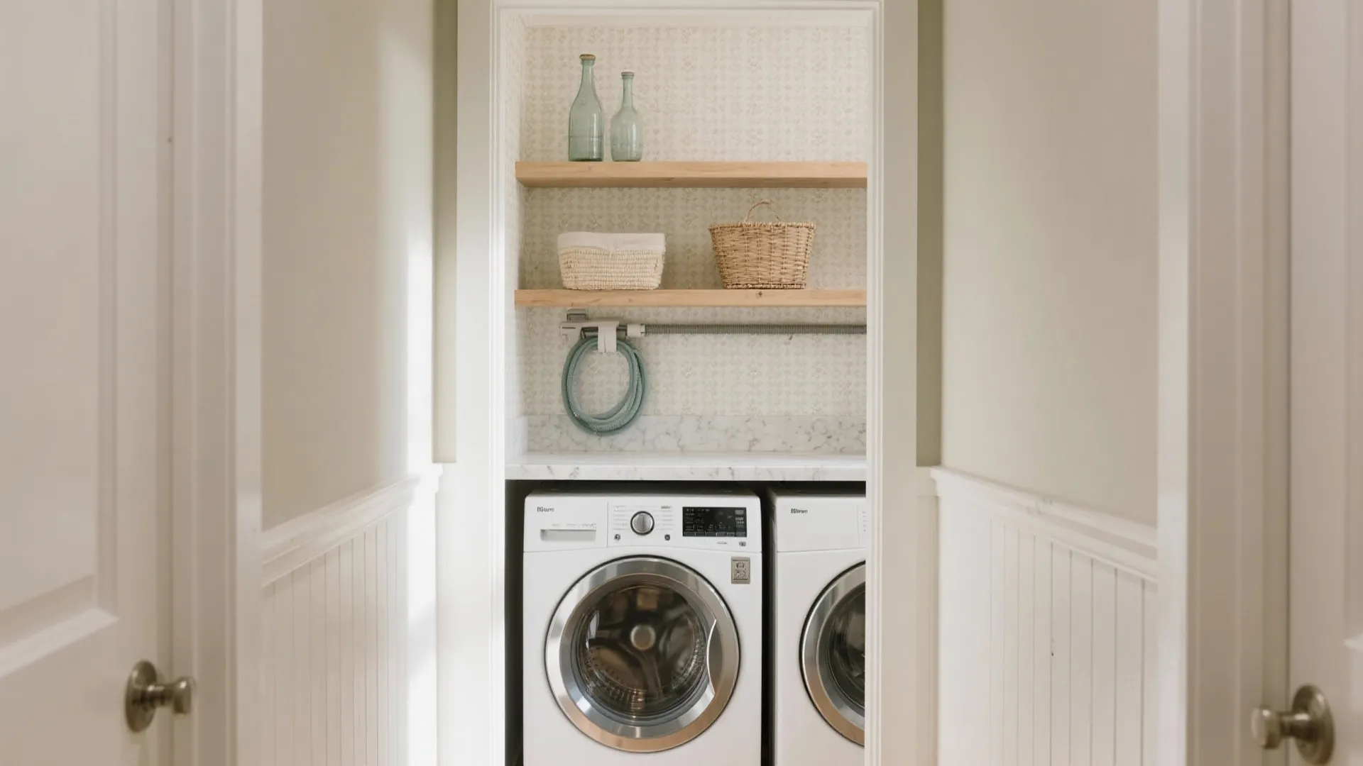 Small laundry nook with white washing machines wooden shelves woven baskets and floral wallpaper seen through doorway