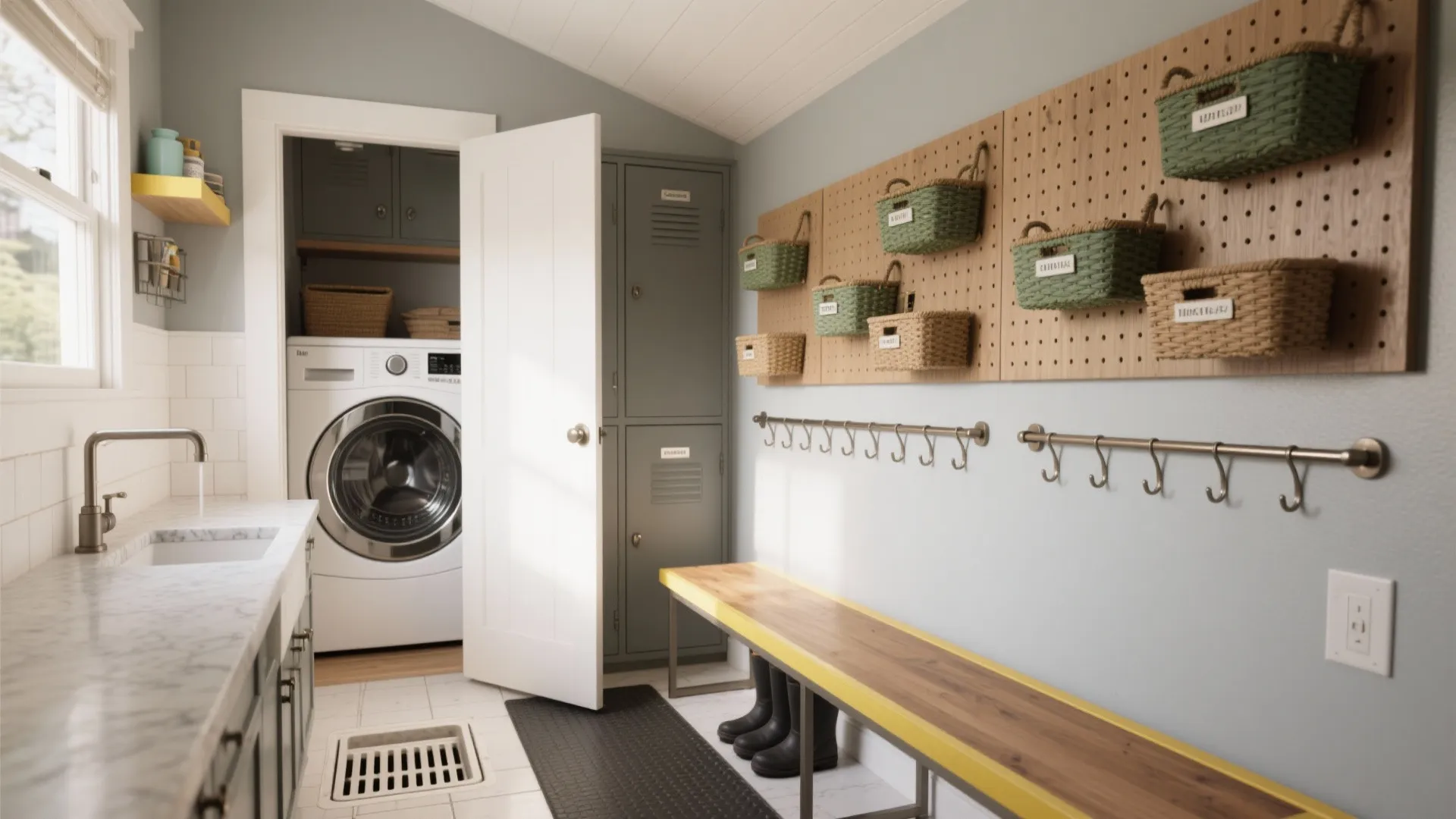 Small laundry room with washing machine grey lockers wooden bench and green baskets on wall panels
