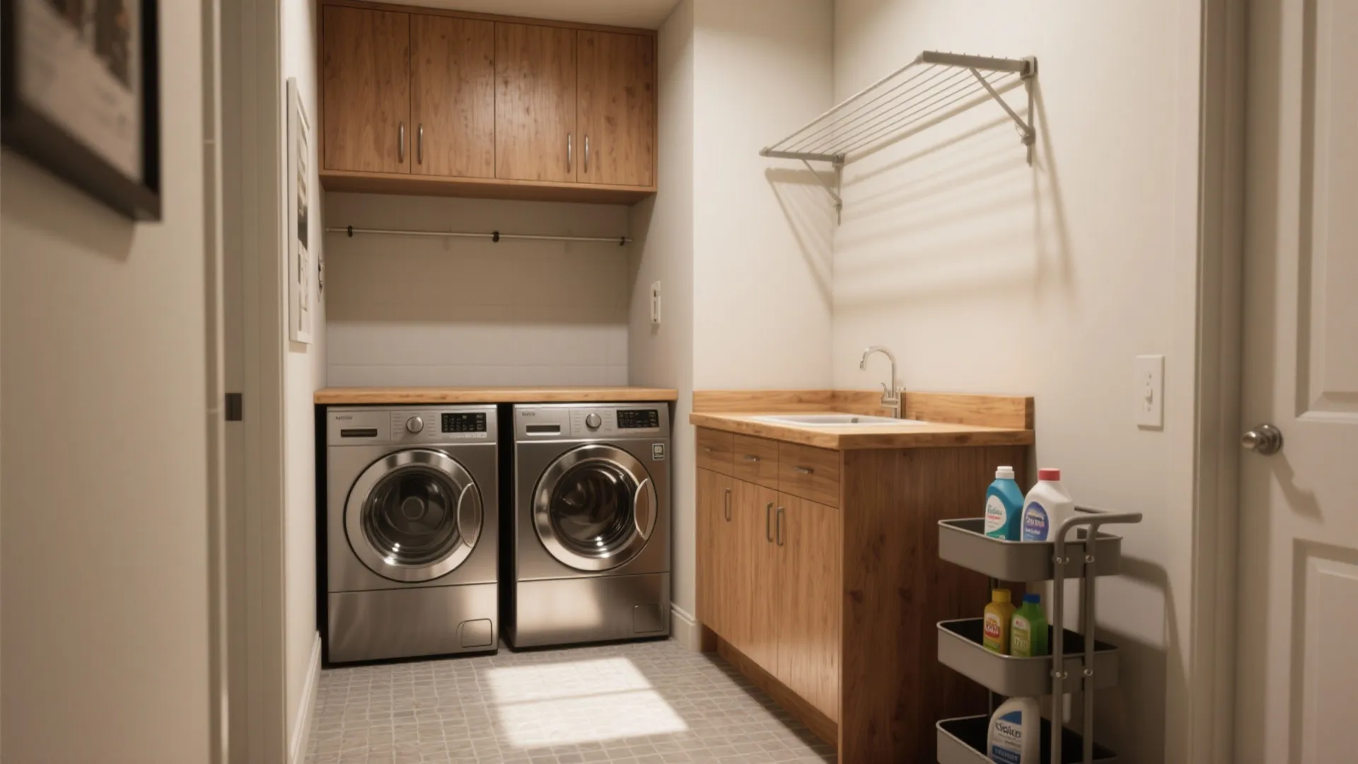Small laundry room with two silver machines and wooden cabinet with sink and wall drying rack