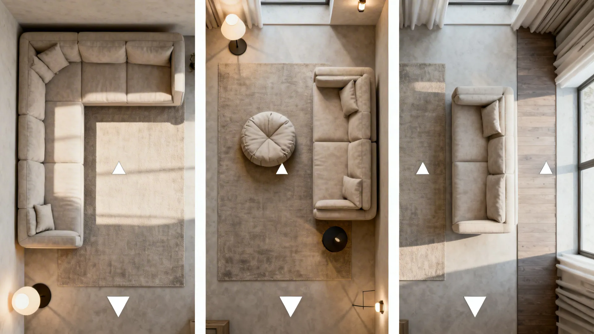 Top-down layouts showing corner L, sofa with pouf, and a floated sofa with path.