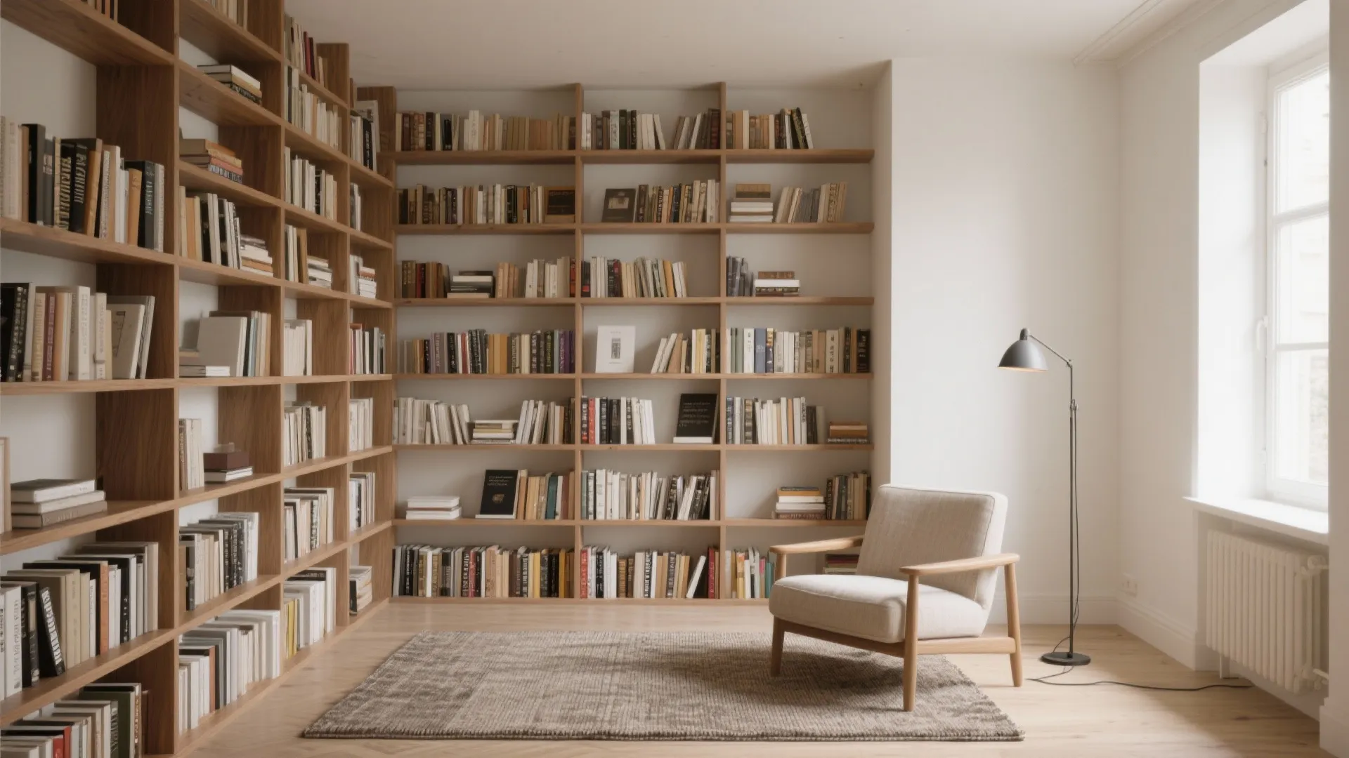 Floor to ceiling wooden bookshelves filled with many books featuring a cozy armchair and rug