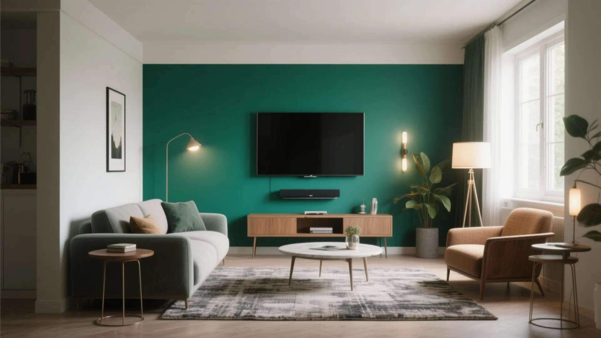 1. Deep feature wall to add depth in a tiny living room