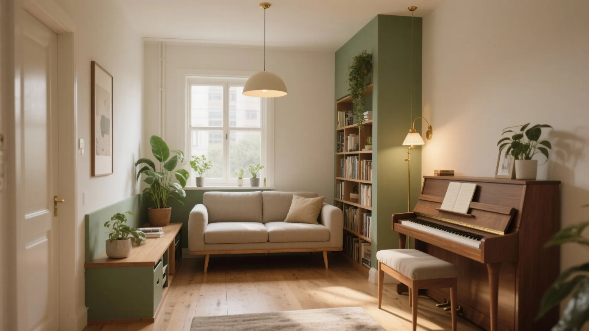 Small living room with beige sofa, piano, bookshelf, green wall, ceiling light, plants, and window