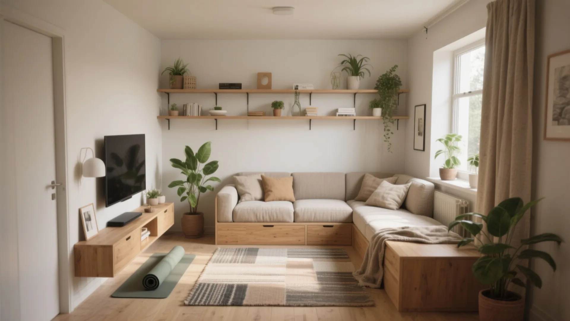 Cozy small apartment living room with corner sofa wooden wall shelves and a television set