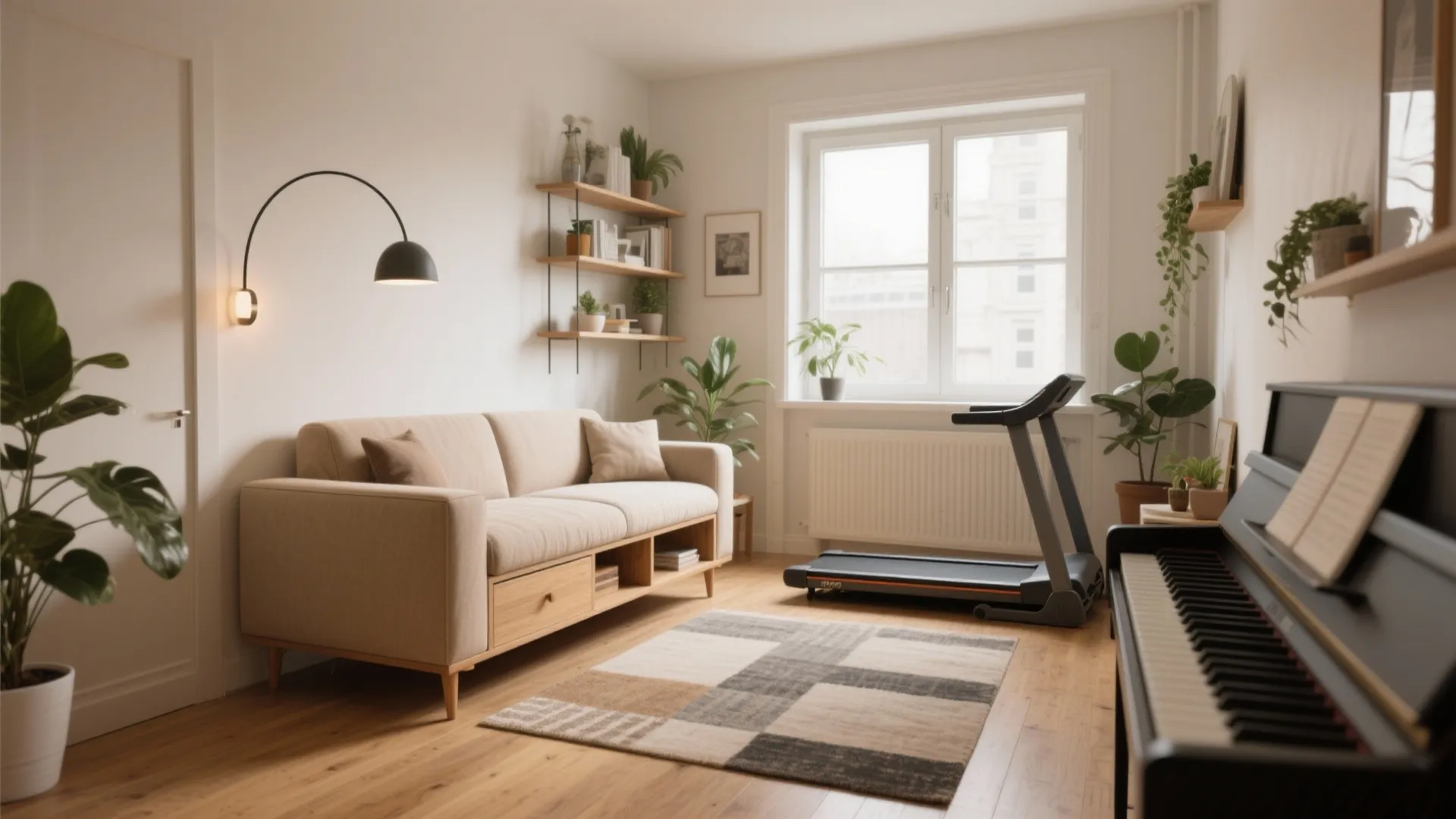Multifunctional small living room featuring sofa treadmill piano wall light plants and wooden floor home design