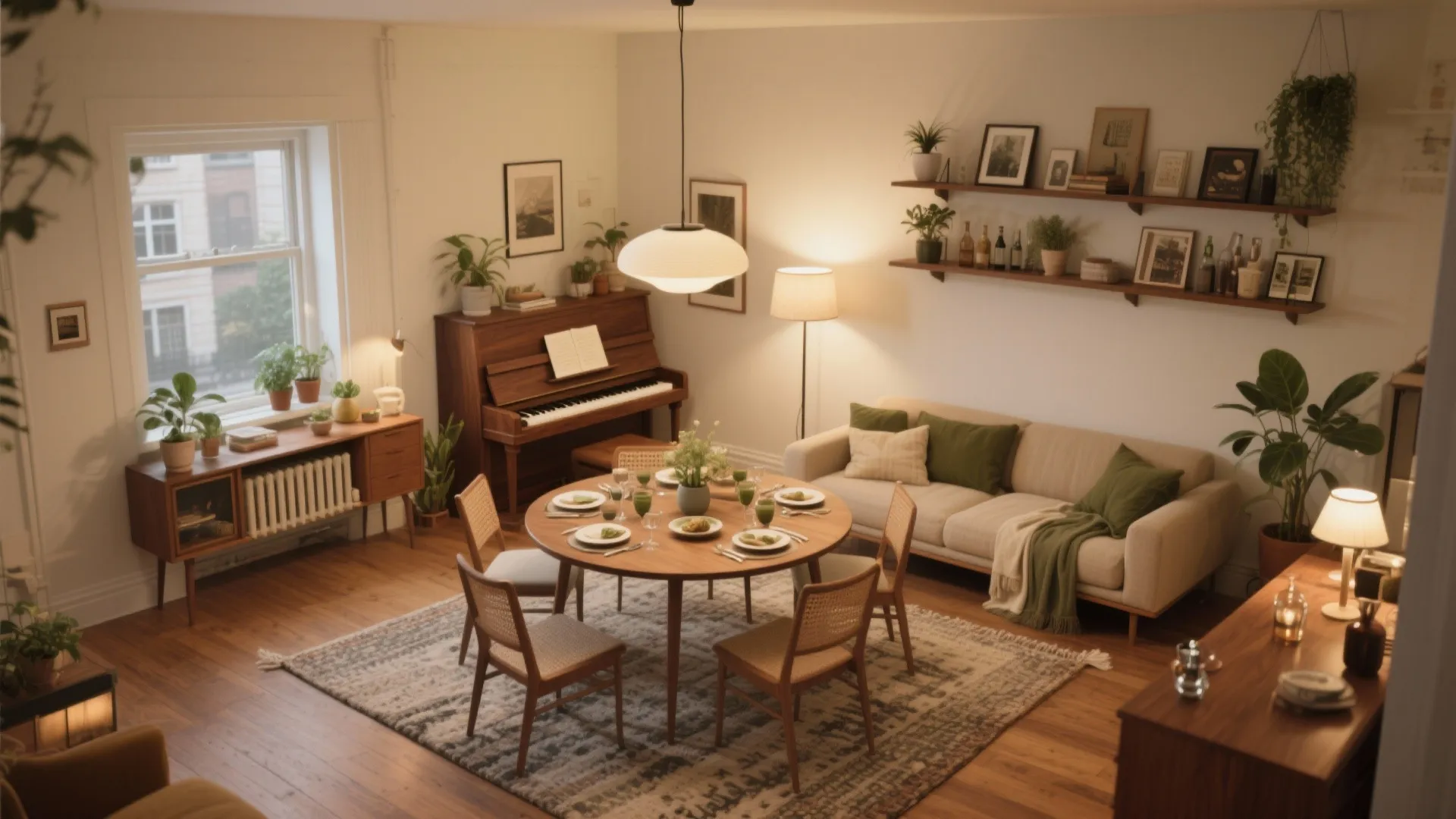 Warm living room with wooden dining table, beige sofa, piano, ceiling light, and indoor green plants