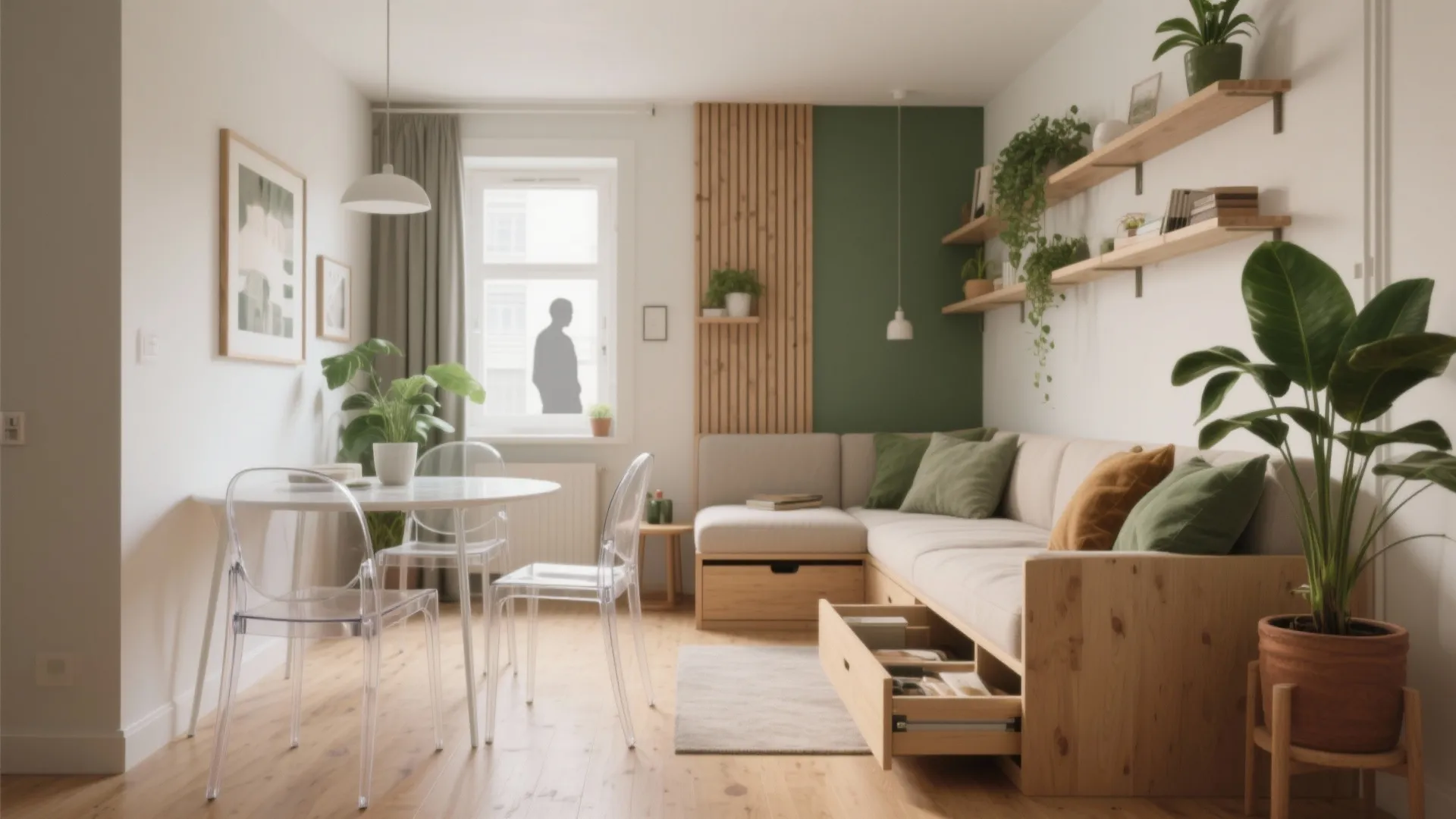 Small living room featuring a sofa with built-in storage drawers and green wall paint decor