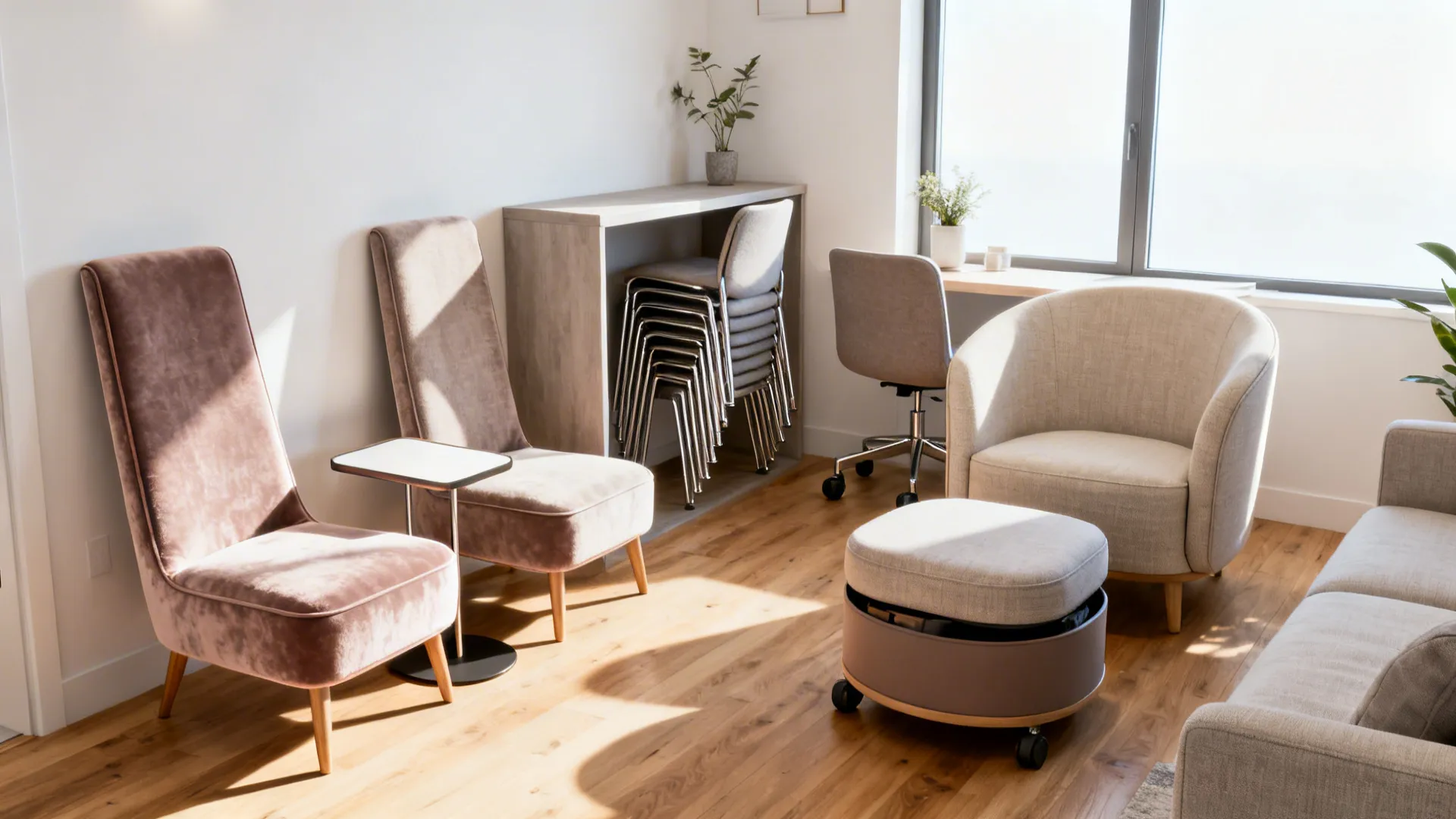 Bright living room with two pink chairs, round armchair, footrest, and stacked chairs by windows