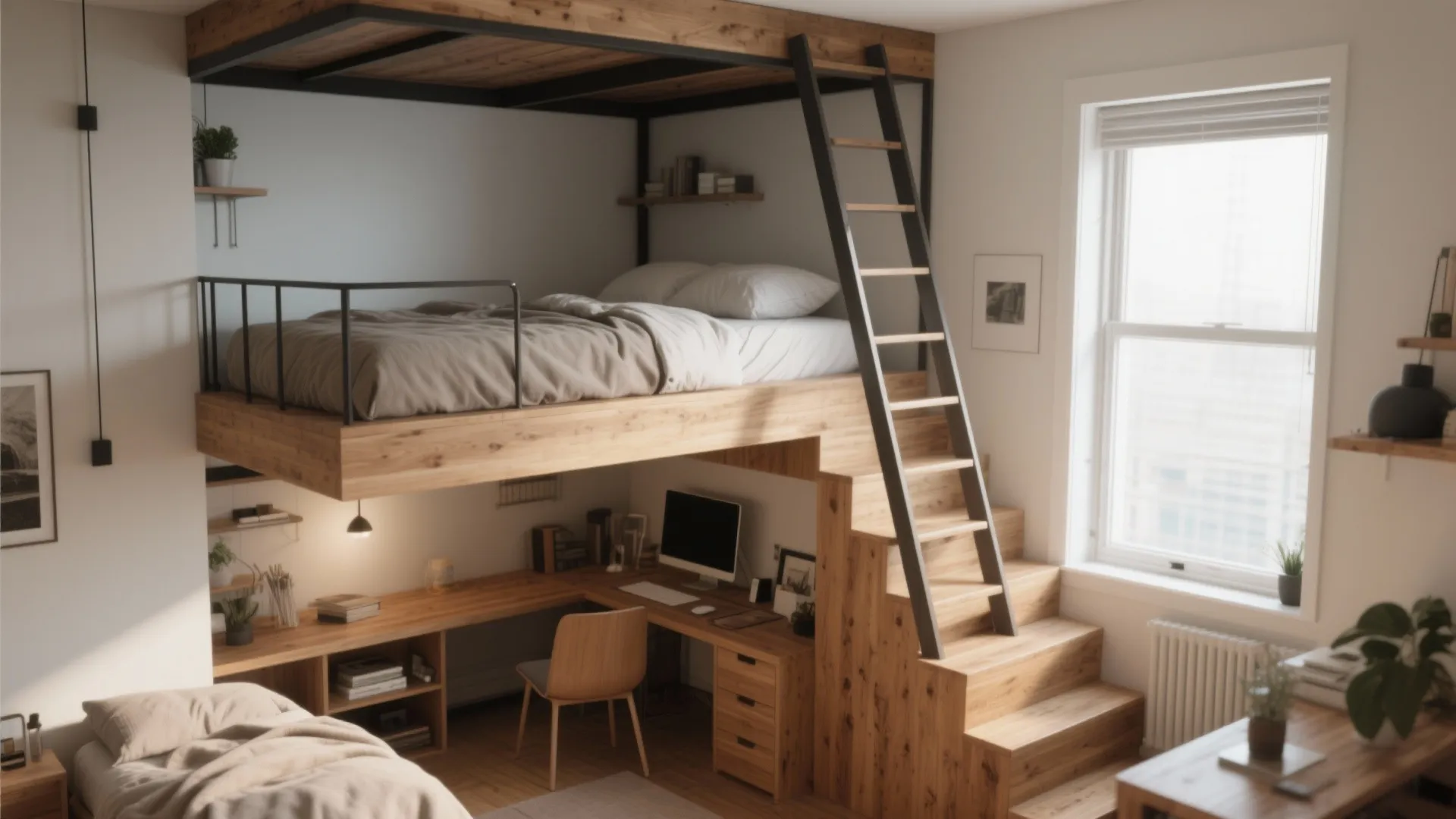 Compact loft bedroom with wooden bunk bed over a study desk, ladder, and natural window light