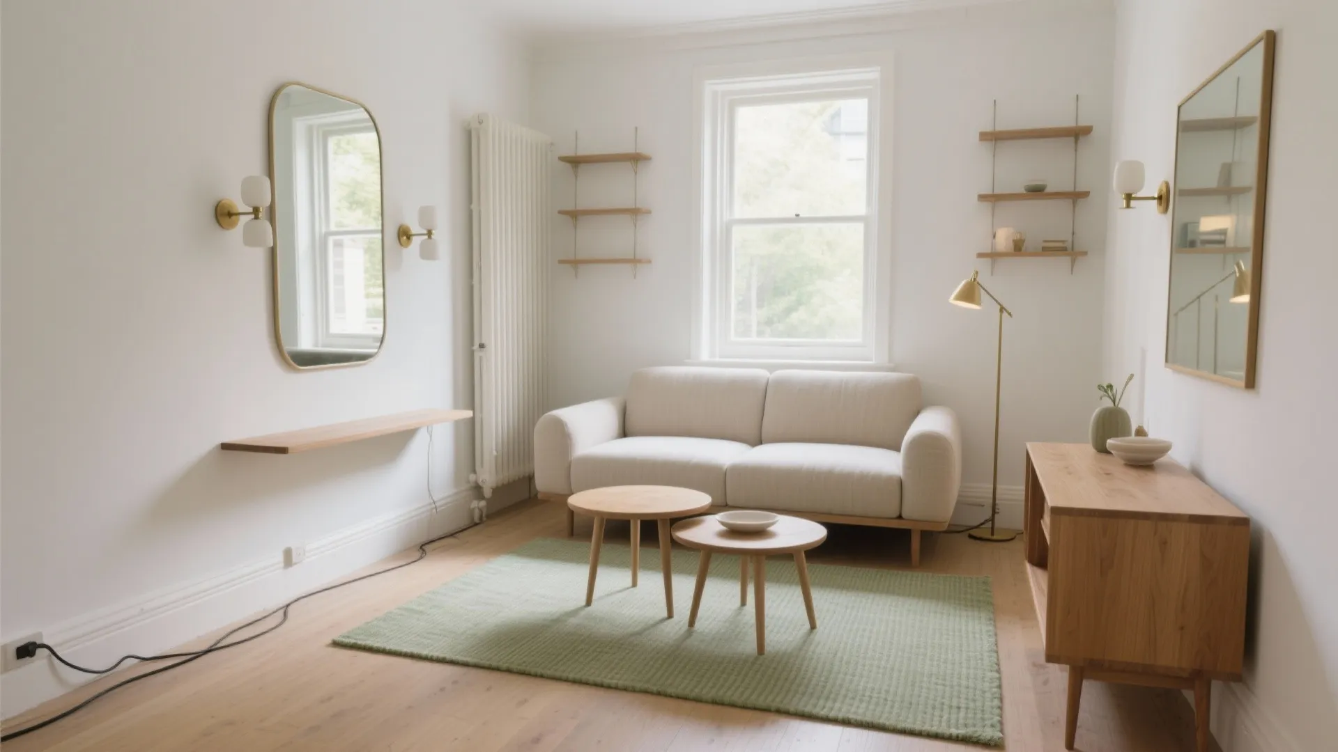 Bright living room with white sofa two wooden coffee tables green rug mirror and window