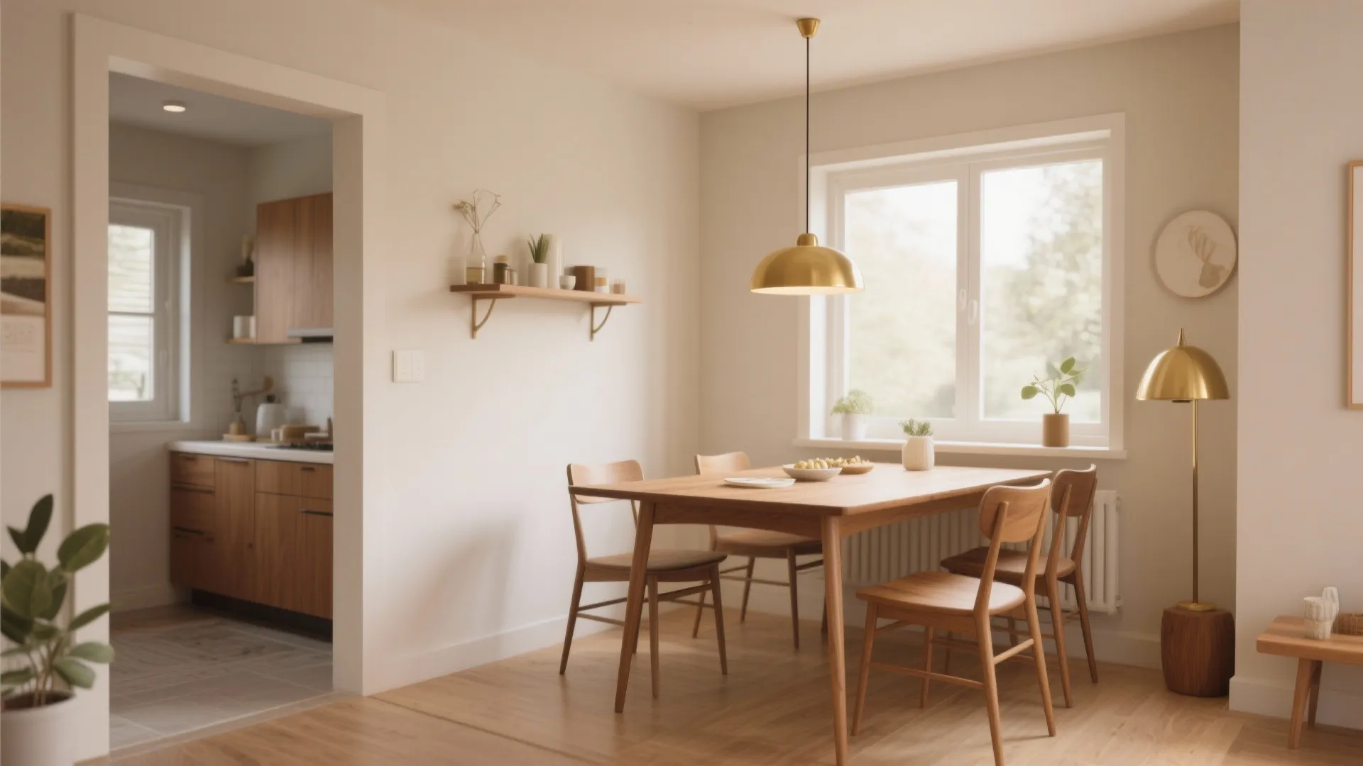 Modern wooden dining set with gold ceiling light and white walls near an open kitchen