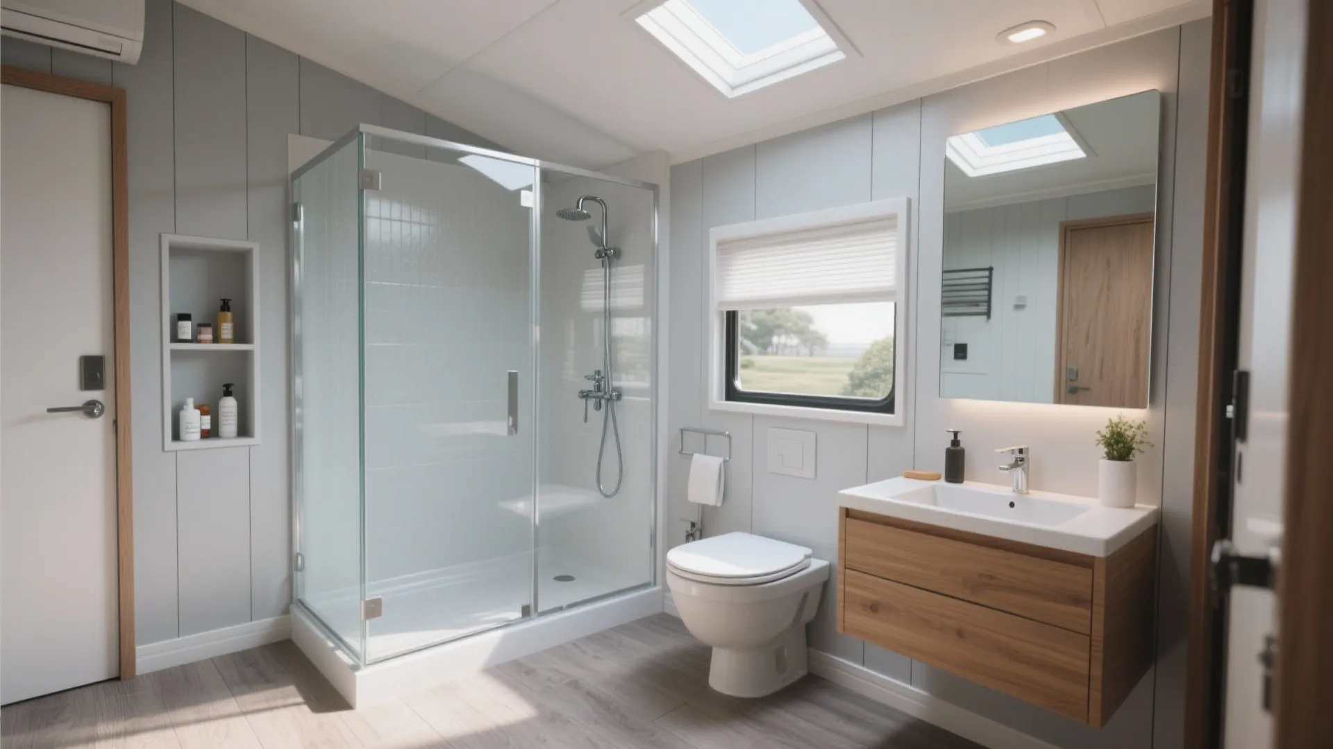 Modern bathroom with glass shower cabin white toilet wooden cabinet sink and bright roof window