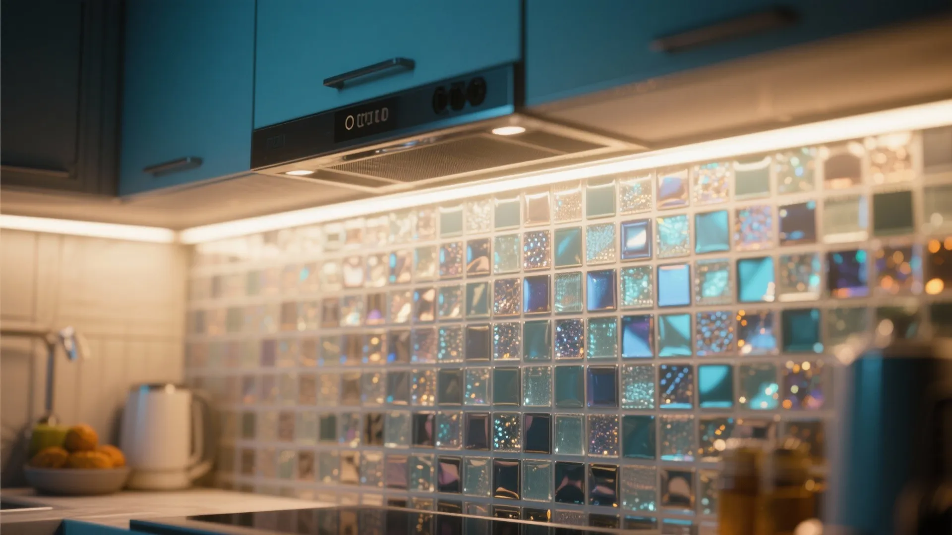 Close up of a kitchen wall with small shiny mosaic tiles and warm under cabinet lighting