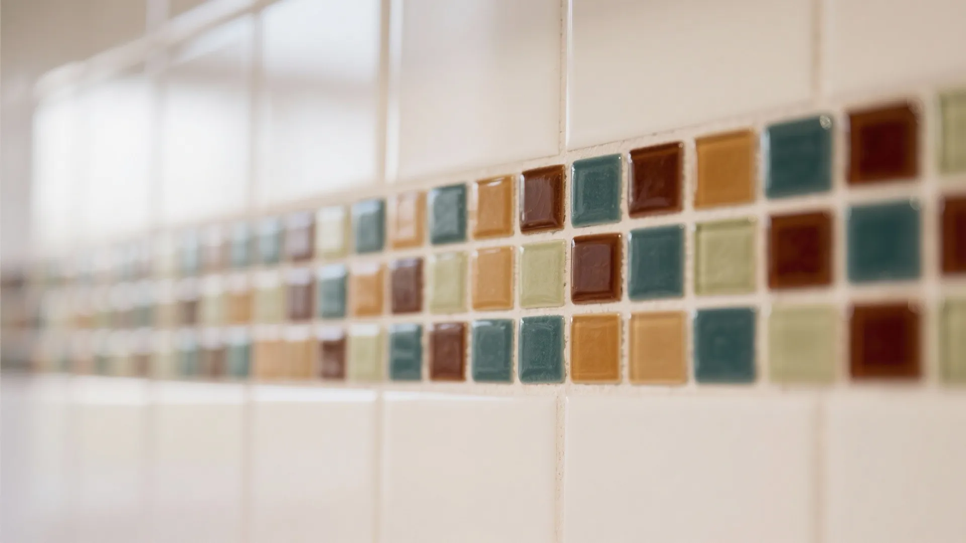 Close-up of colorful slim mosaic tile border with contrasting grout