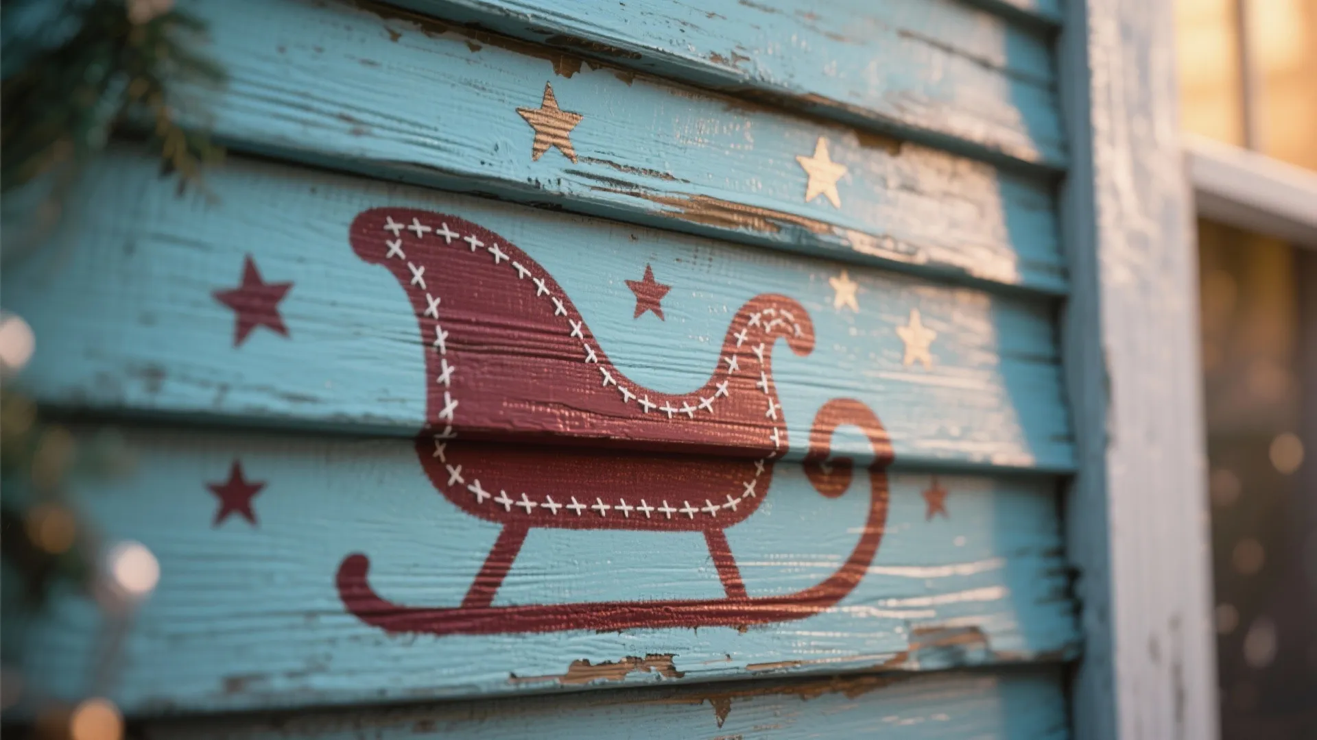 Close-up of a small festive mural painted on house siding, showing a sleigh silhouette.