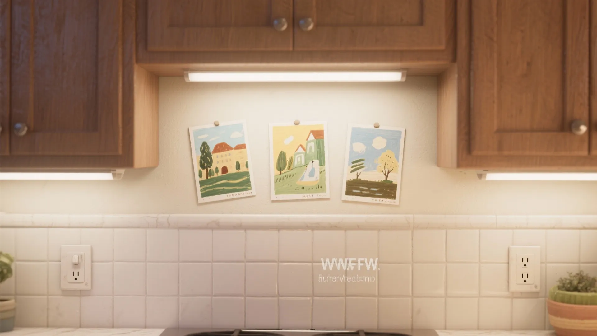 Three small landscape paintings pinned to a wall under wooden kitchen cabinets with warm lighting