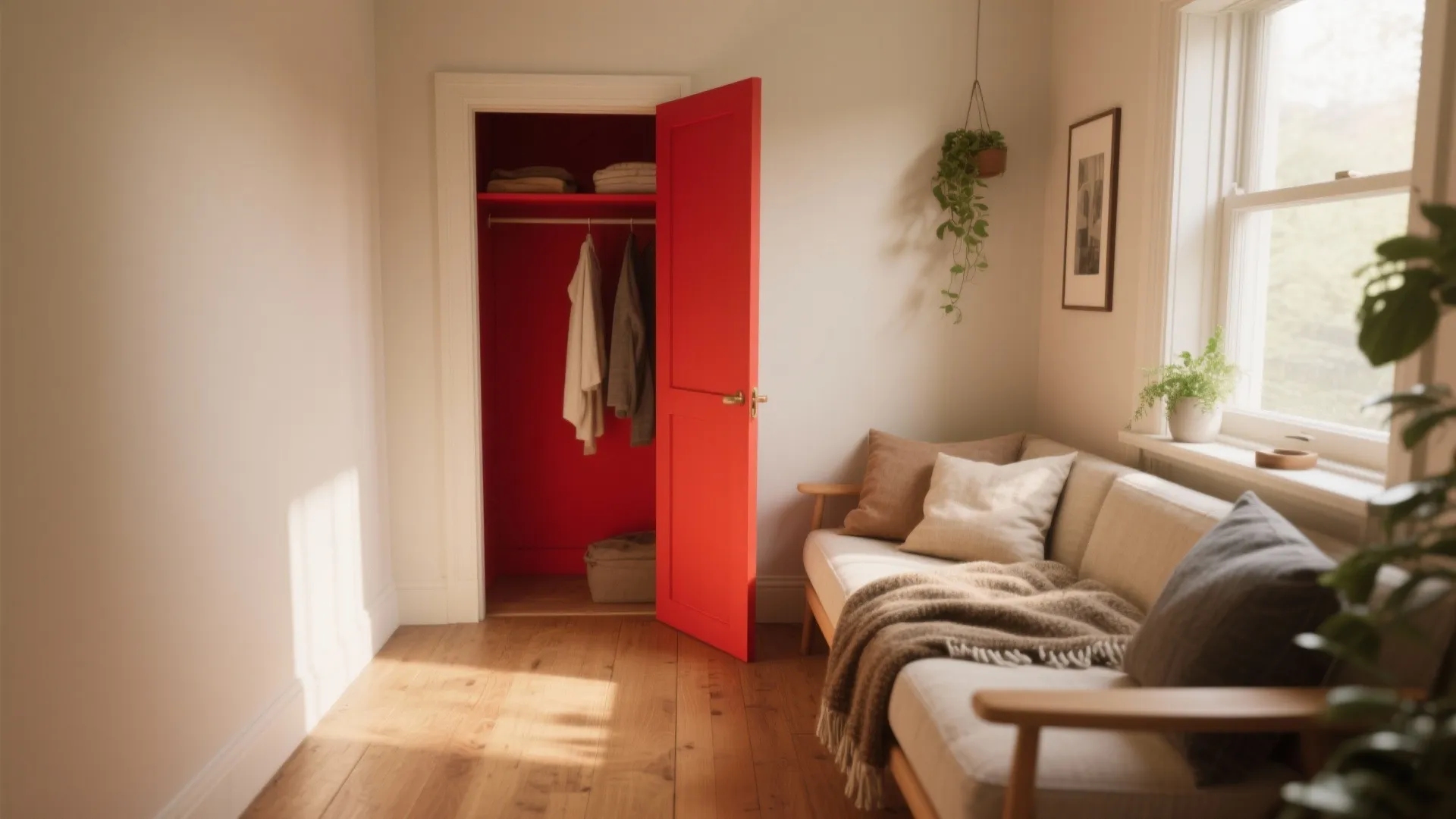 Small living room with bright red open closet door beige sofa wooden floor and green plants