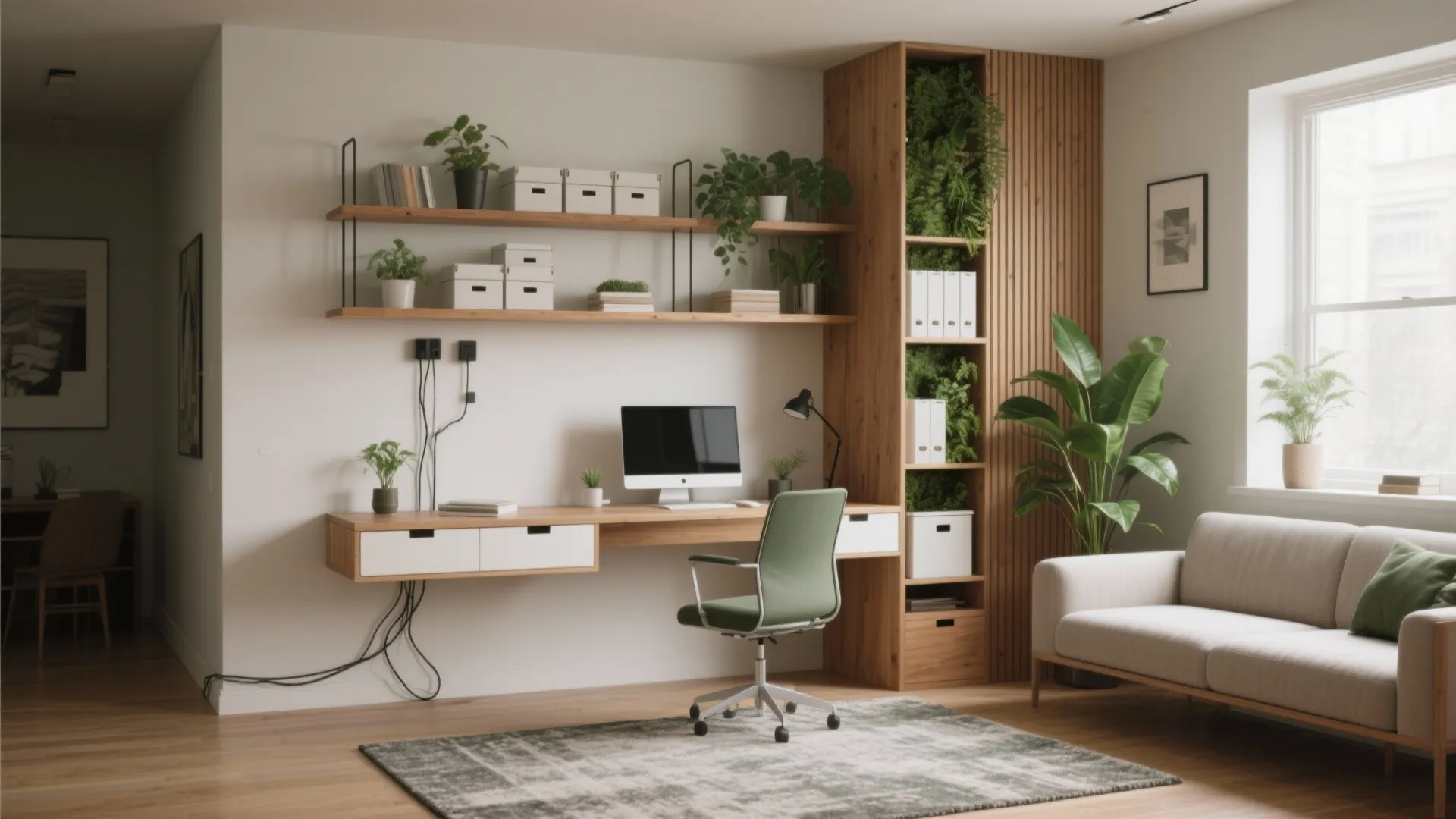 Compact home office with wooden desk green chair shelves and tall cabinet near a sofa