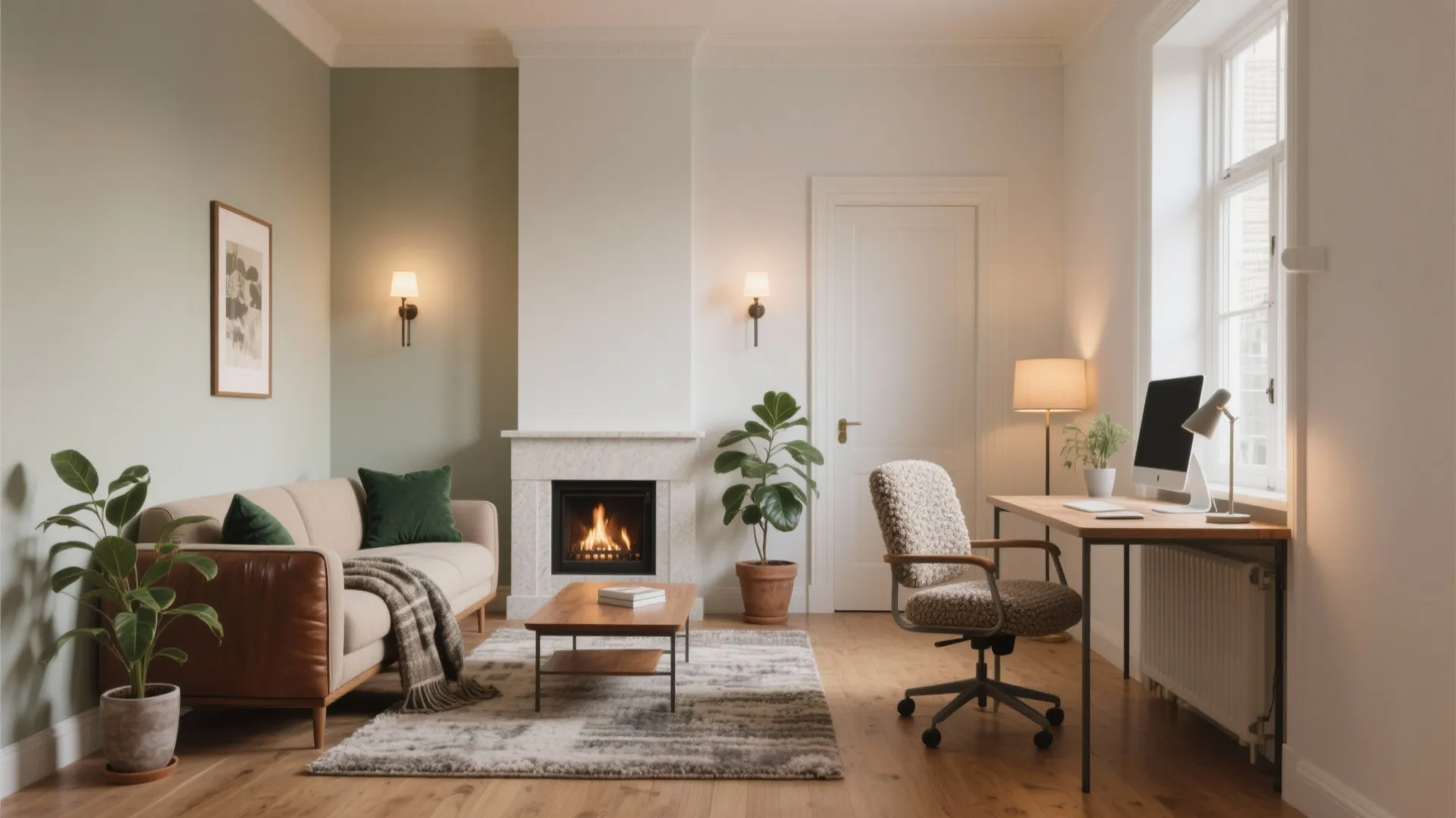 Modern living room with a beige sofa, fireplace, wooden desk, computer, and green indoor plants