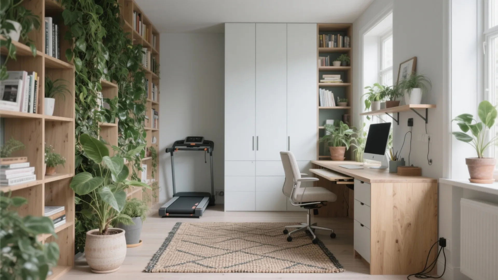 Home office with wooden desk computer white chair treadmill green plants and large storage cabinet