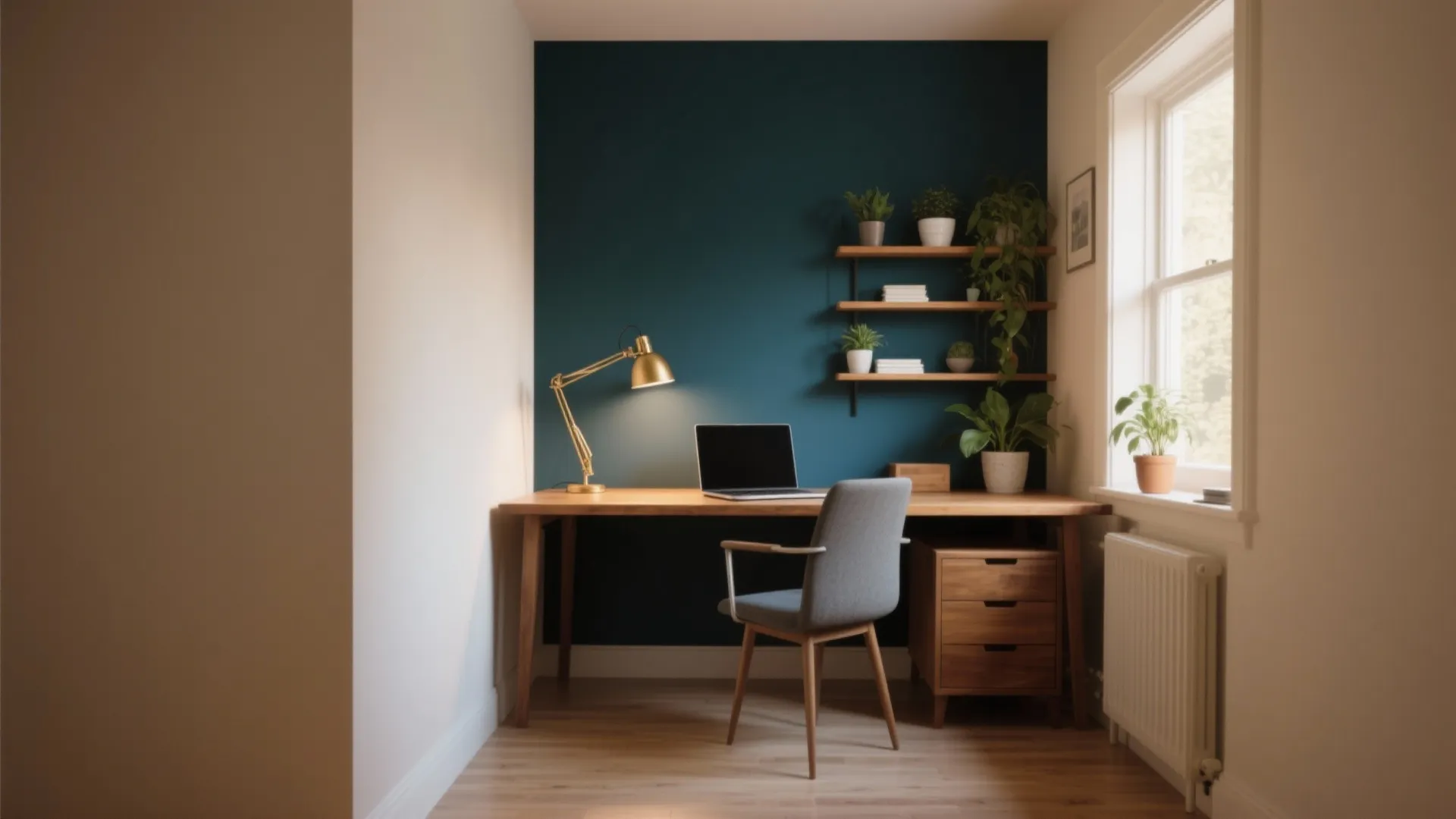 Home office space with dark blue wall, wooden desk, laptop, grey chair, and wall shelves