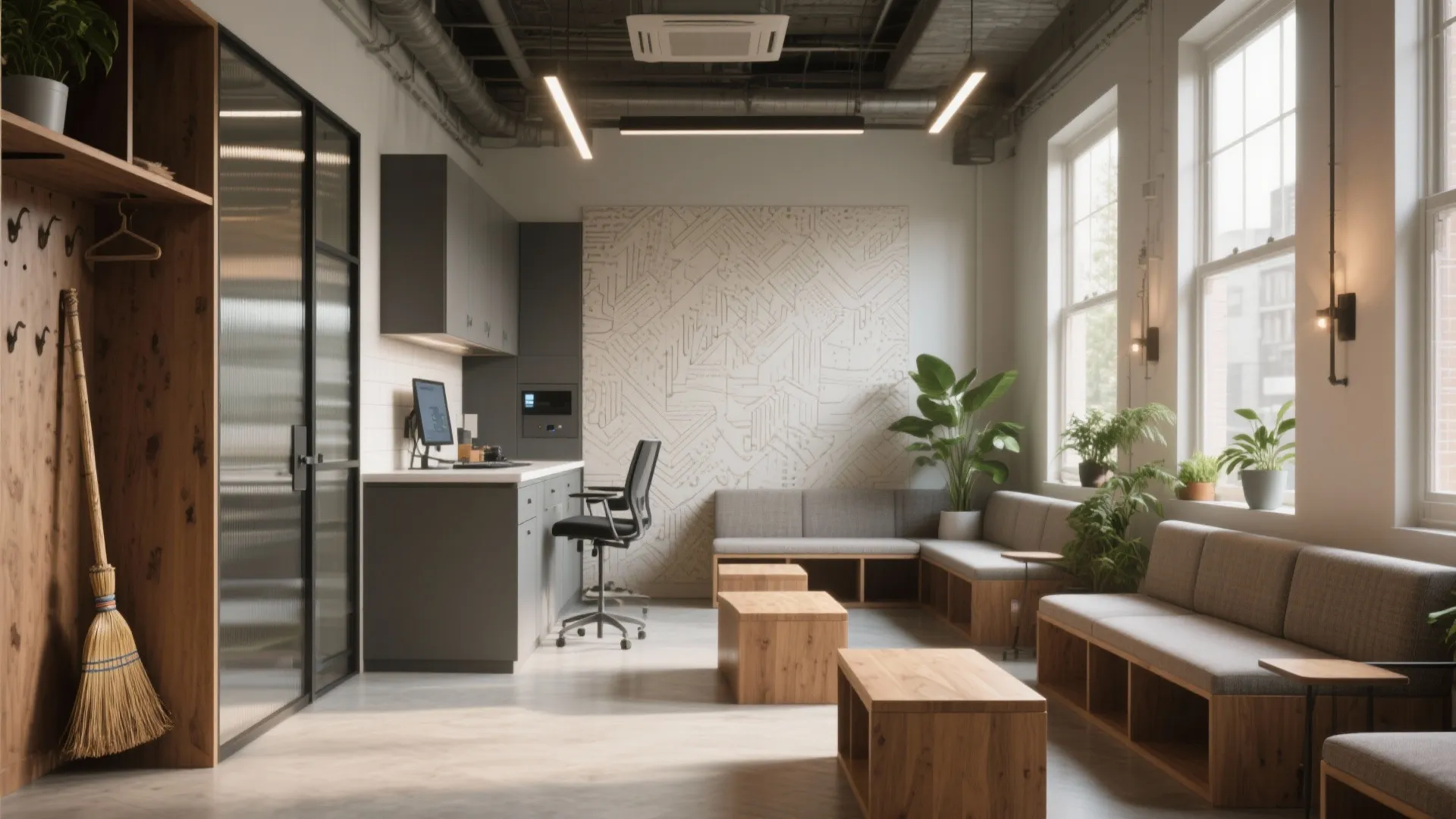 Modern office interior with grey desk, black chair, wooden coffee tables, and large bright windows