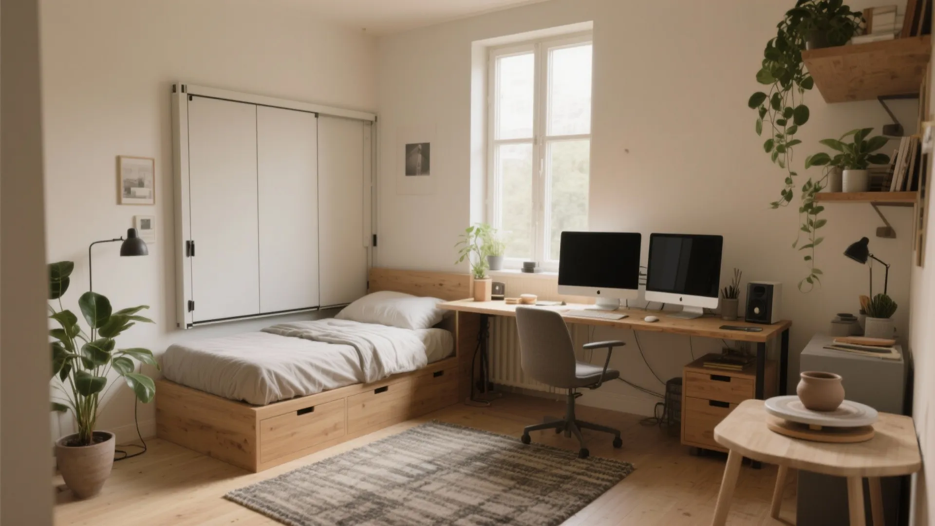 Small bedroom office layout with wooden bed storage dual computer monitors and green hanging plants