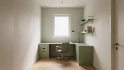 Calm Home Office with Sage Green Desk and Natural Light