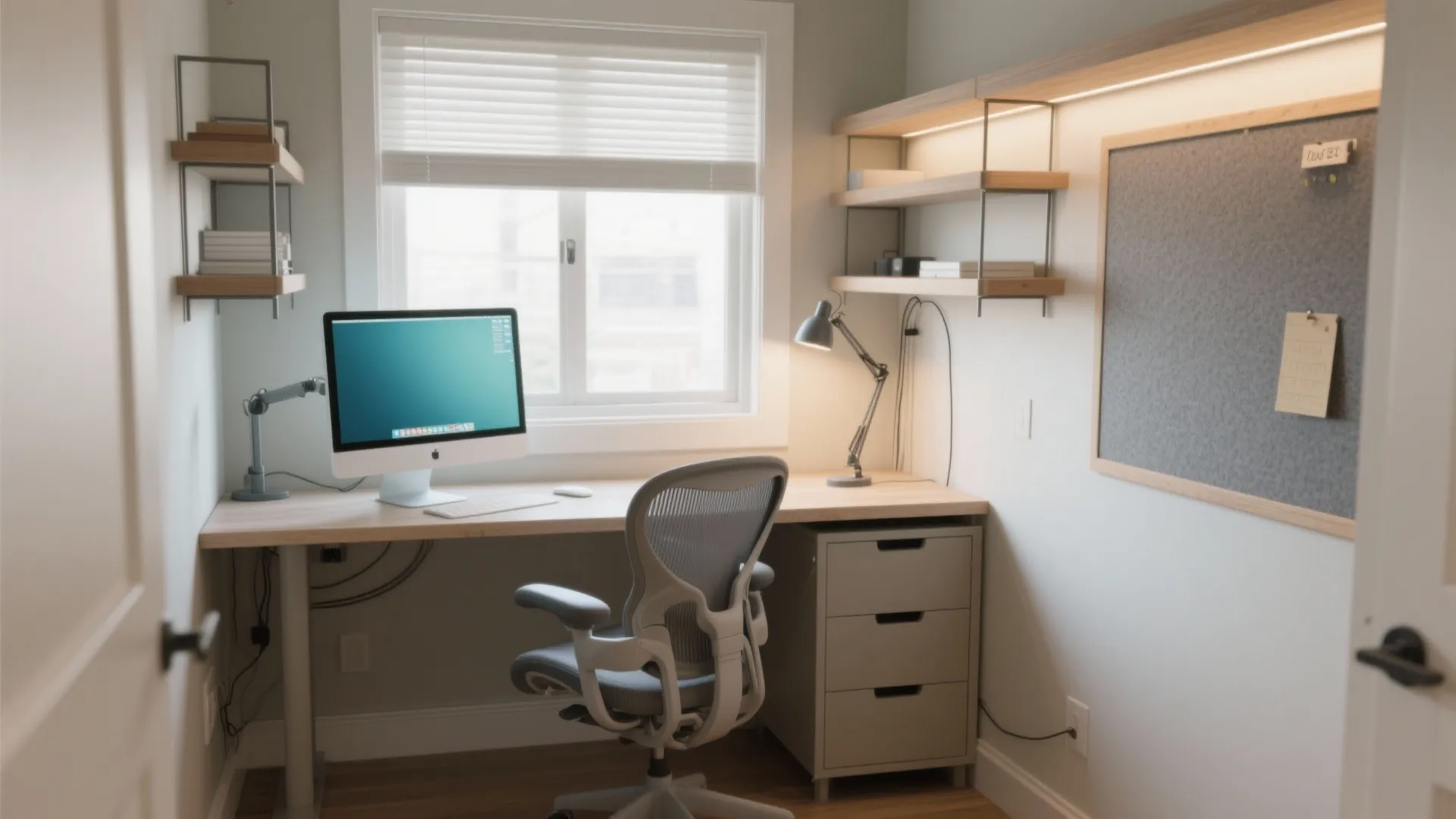 Small home office with wooden desk, computer monitor, grey chair, window blinds, and wall shelves