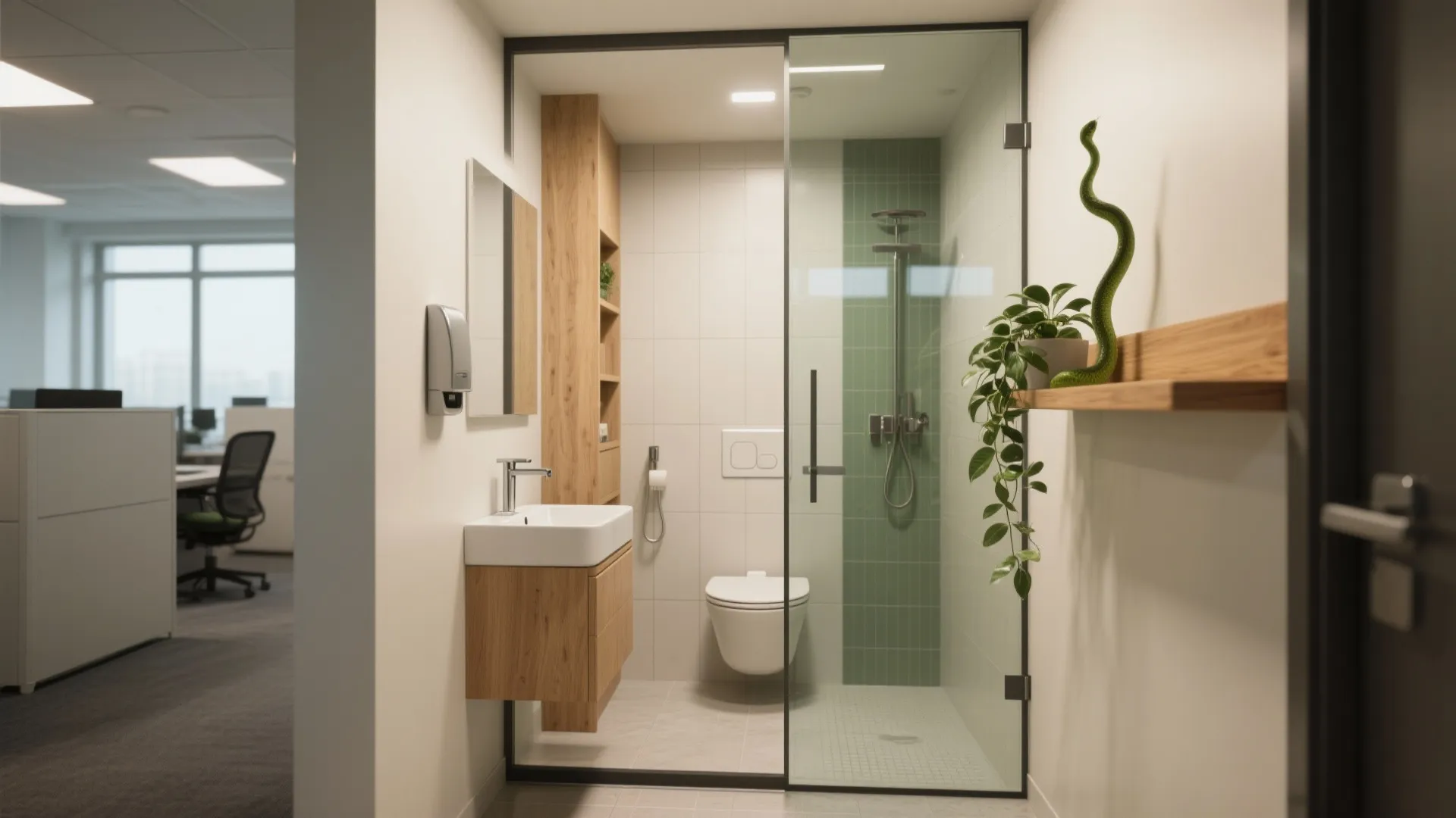 Compact office bathroom interior showing a white sink wood cabinet glass shower and green plants