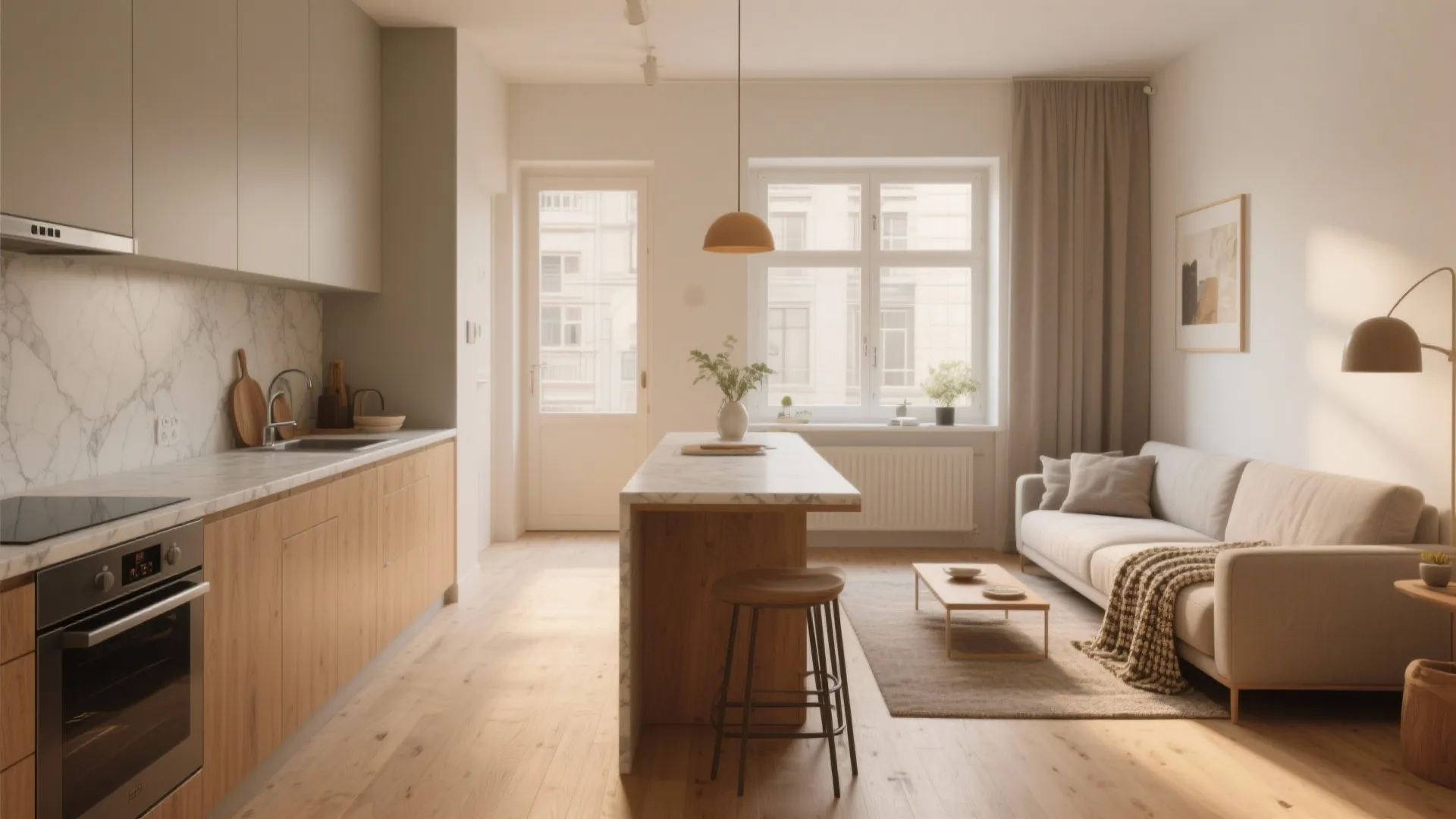 Modern open kitchen and living room featuring wood flooring a marble island and beige sofa