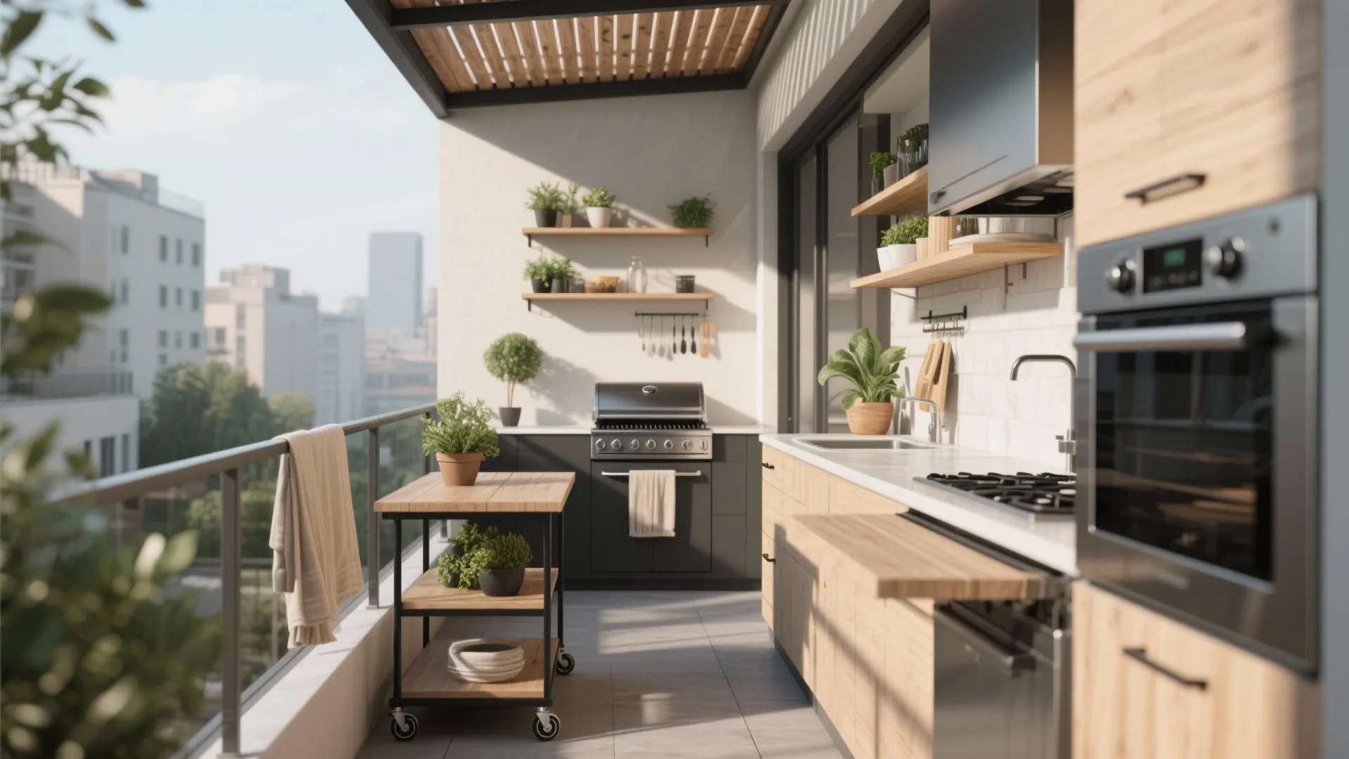 Modern outdoor balcony kitchen with wooden cabinets grey grill potted plants and city skyline view