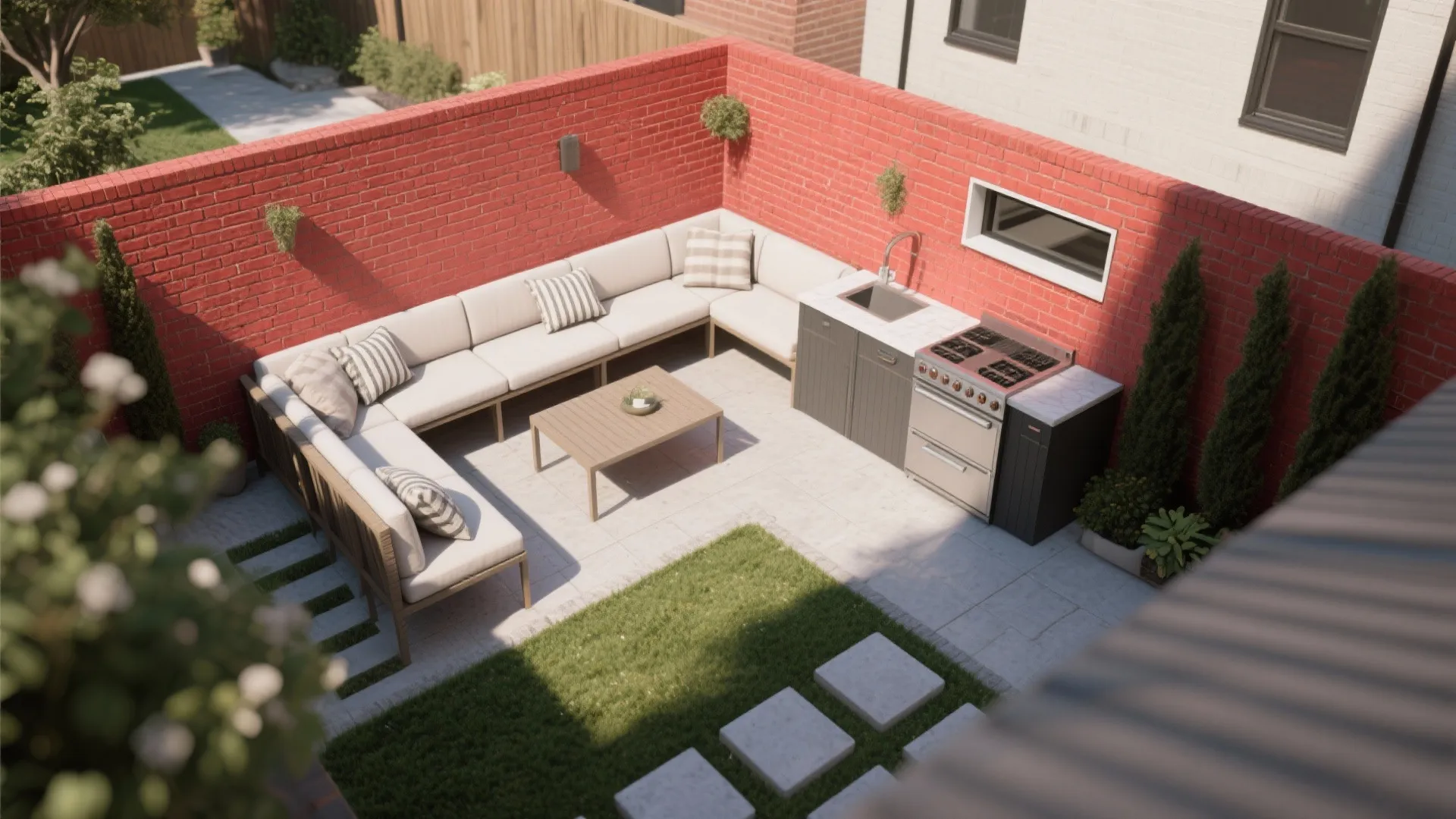 Outdoor patio design with large sectional sofa coffee table kitchen area and red brick walls