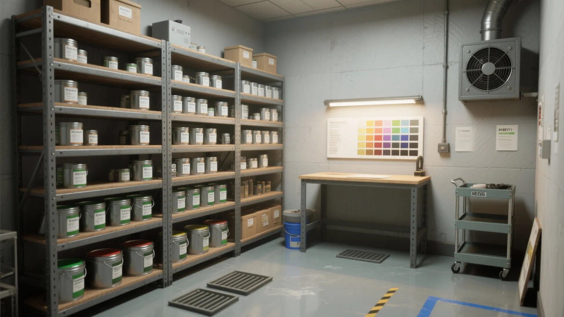 Small workshop with metal storage shelves for paint cans a work table and color chart