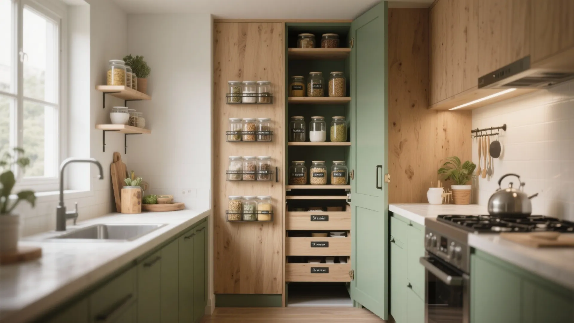 Modern green kitchen cabinets featuring a tall wooden pull out pantry for efficient food storage solutions