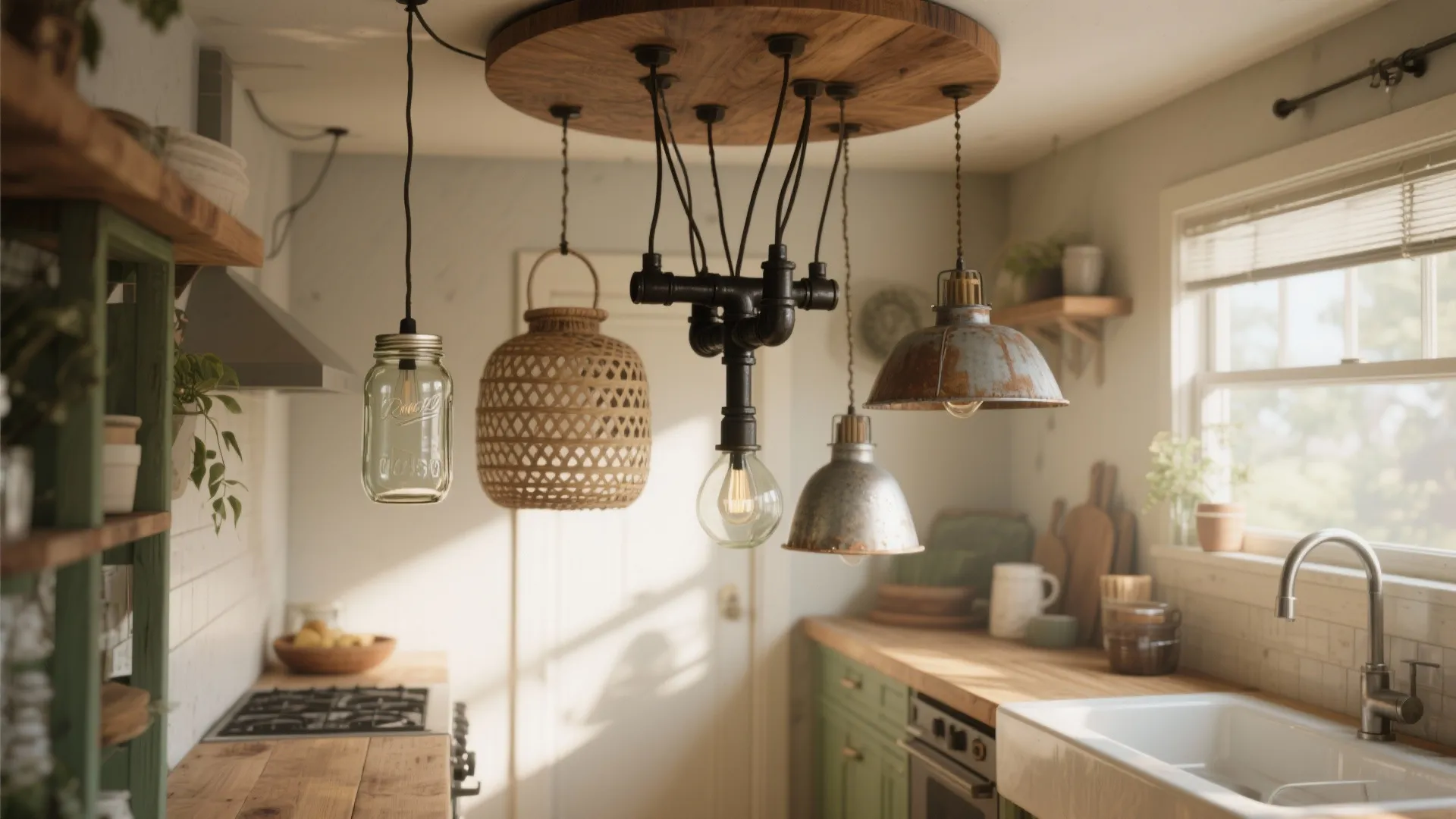 Rustic kitchen with various unique hanging ceiling lights above a wood counter and white sink