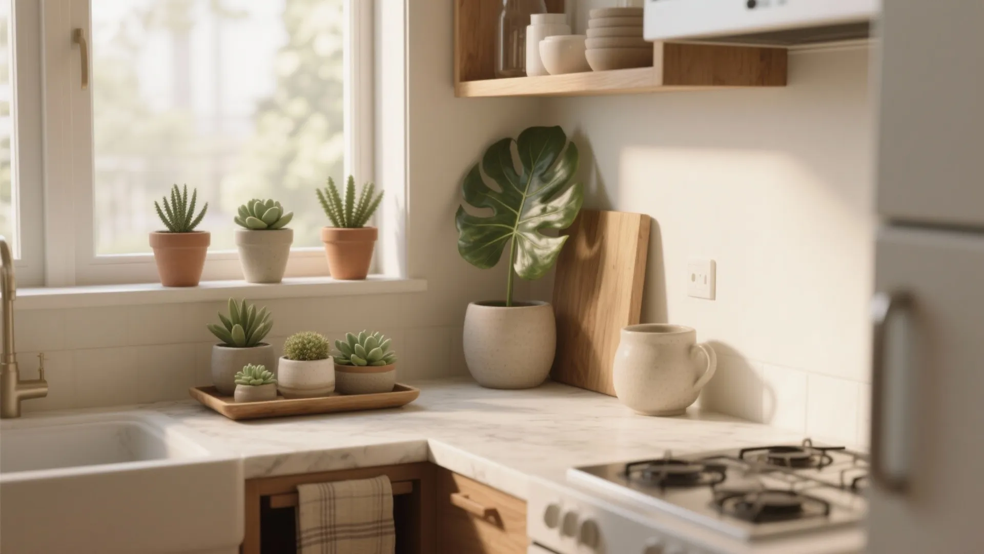 Modern kitchen corner with small green plants in pots on marble countertop near white window