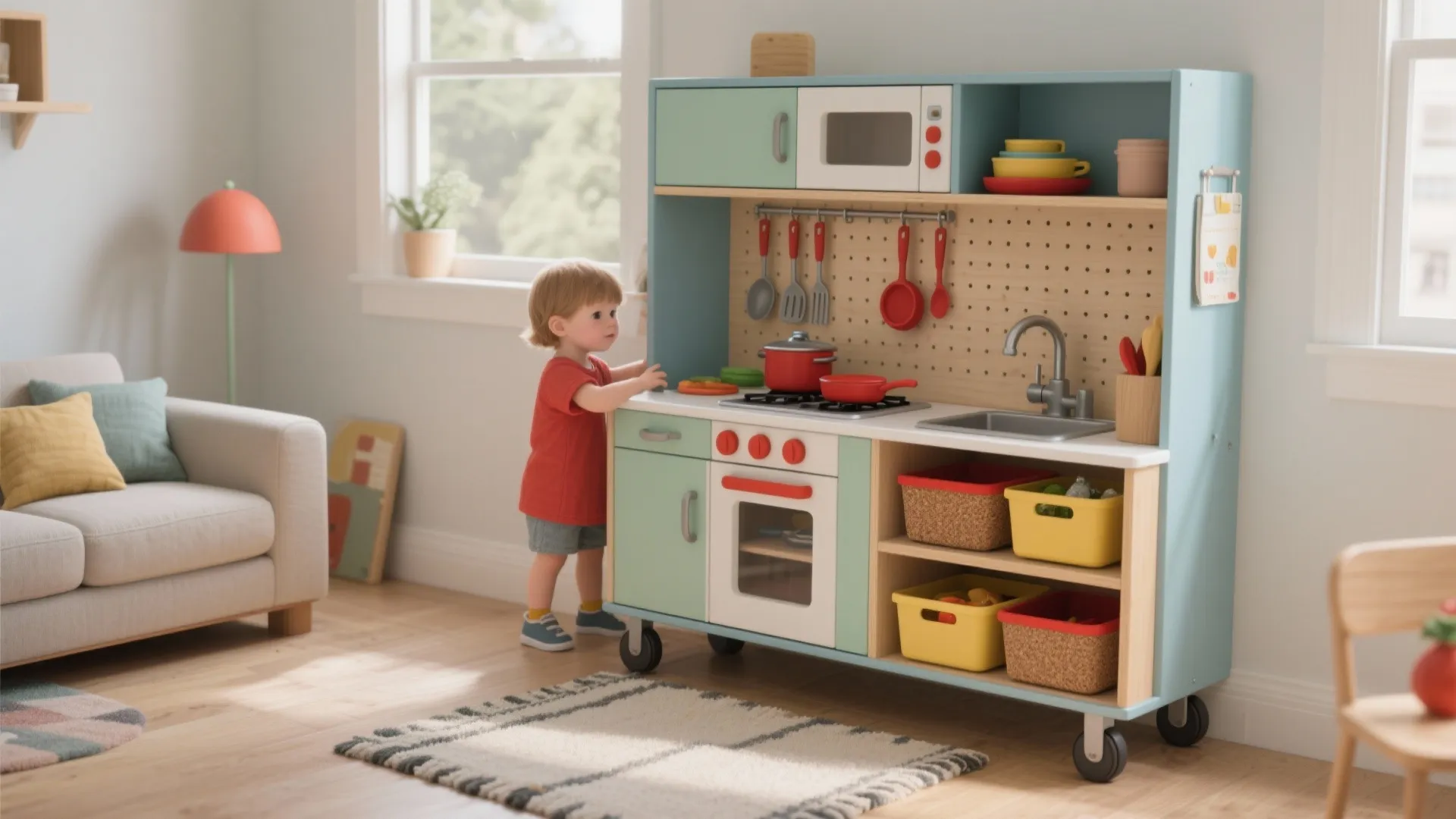 Toddler playing with a blue toy kitchen set in a living room with wooden floors
