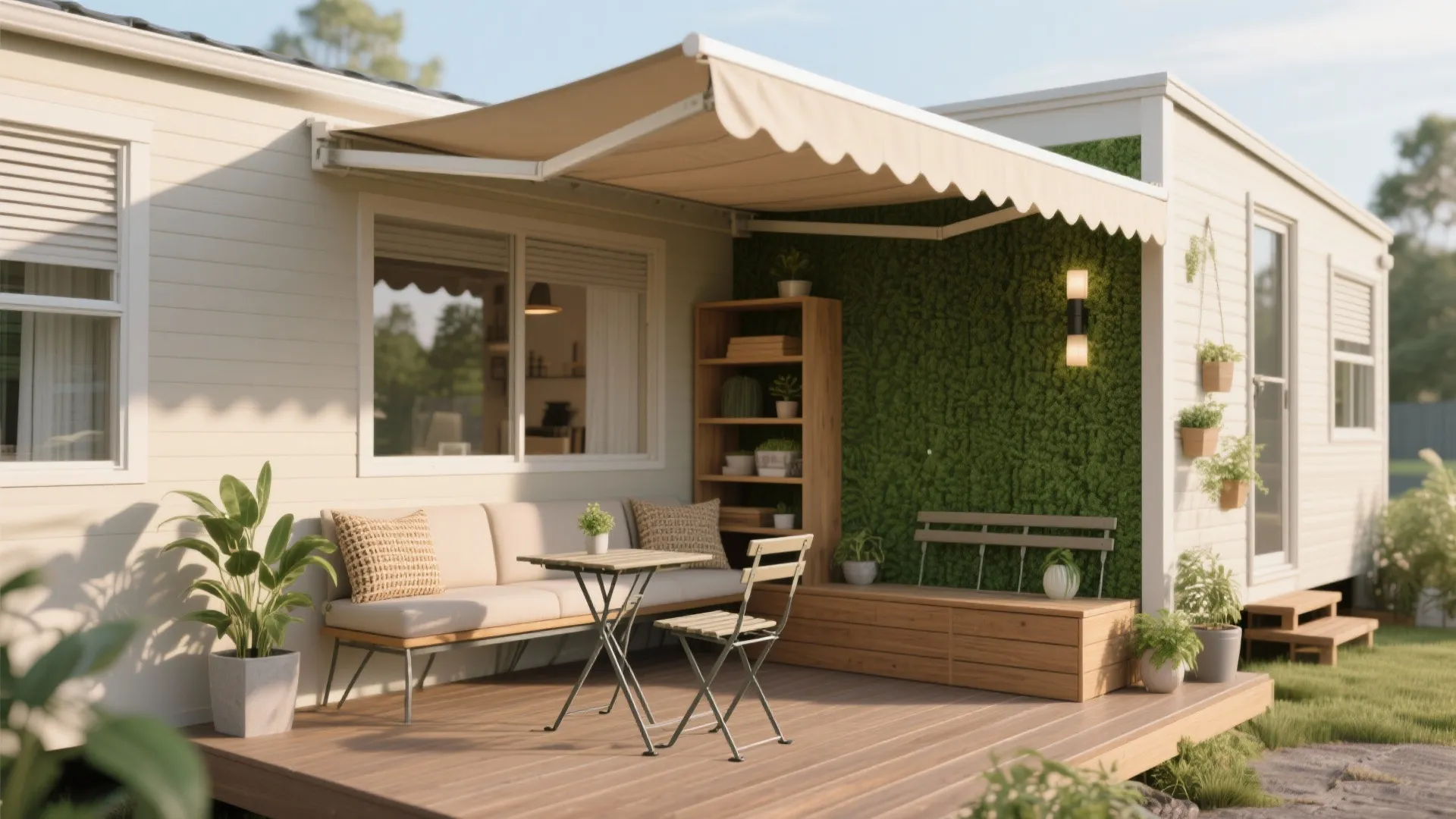 Modern outdoor deck with beige sofa small table folding chair sun shade and green wall plant