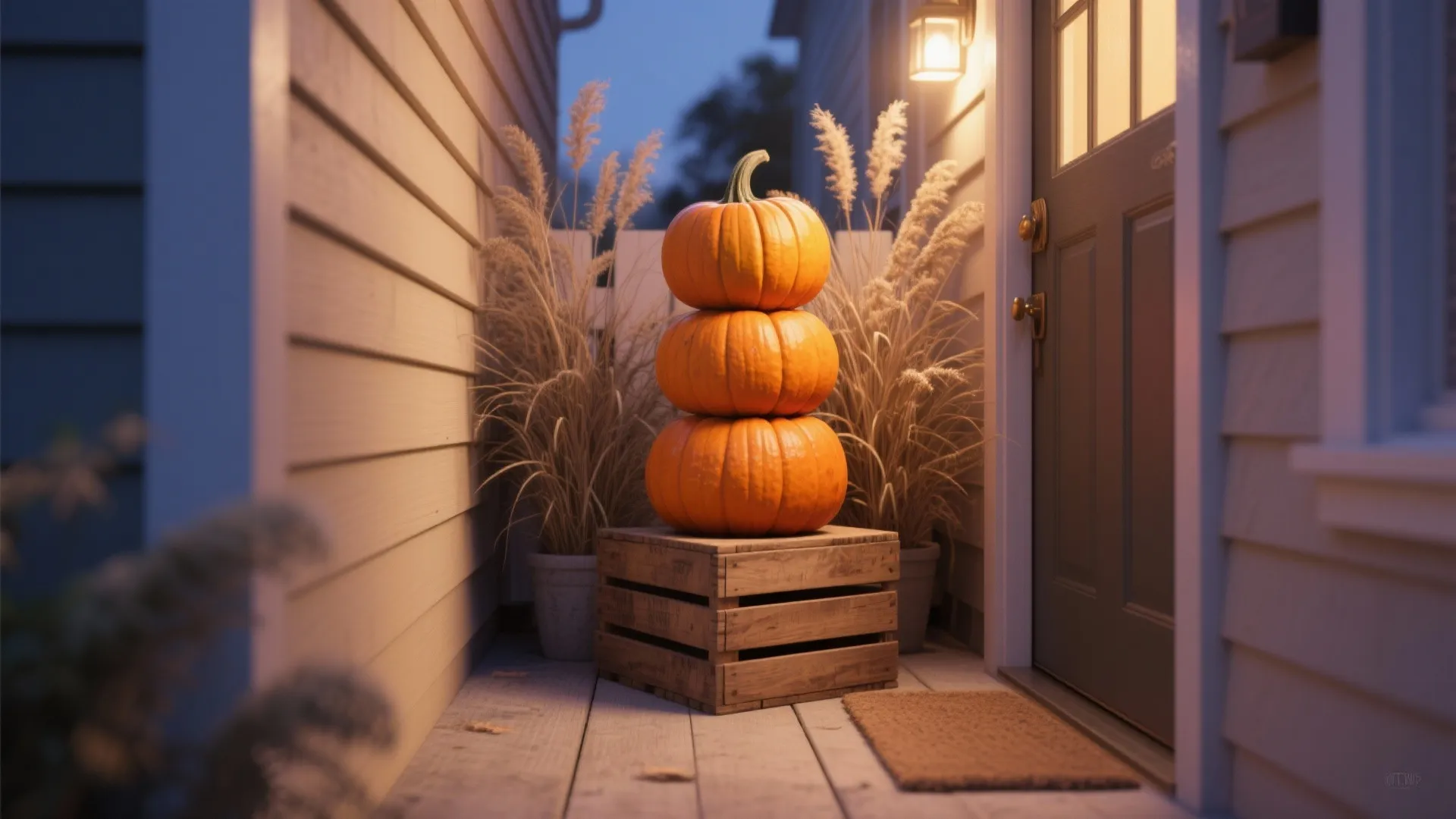 Narrow porch vignette with a stacked painted pumpkin on a crate and dried grasses by the door.