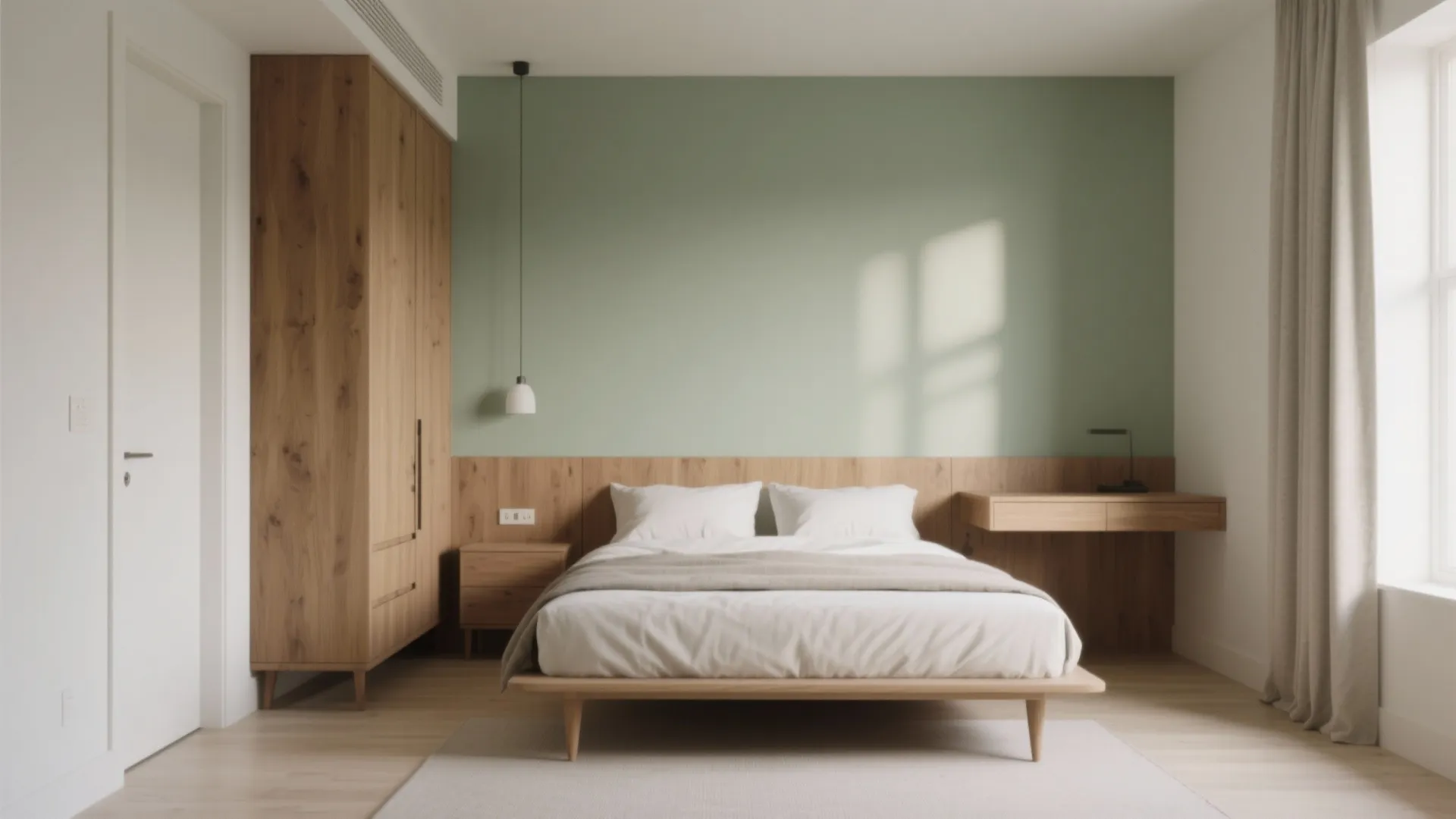 Minimalist bedroom design with green wall wooden wardrobe and bed plus small floating desk area
