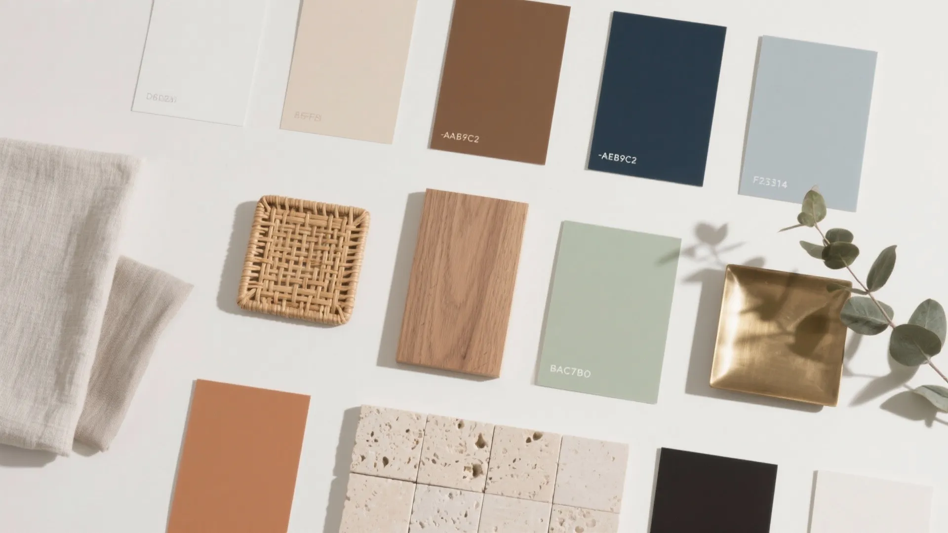 Interior design mood board with color paint samples wood material tiles fabric and small green plant