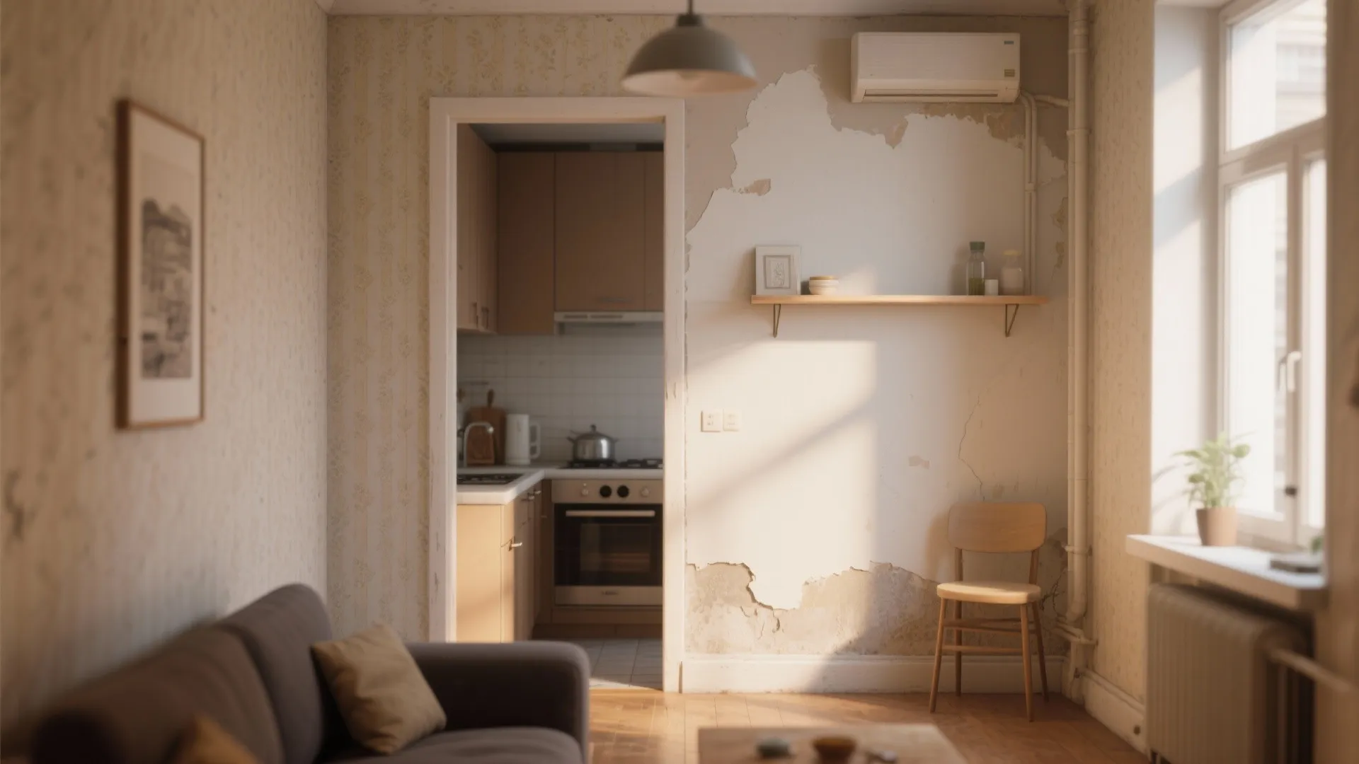 Small living room with peeling wall paint showing an open doorway into a functional kitchen area