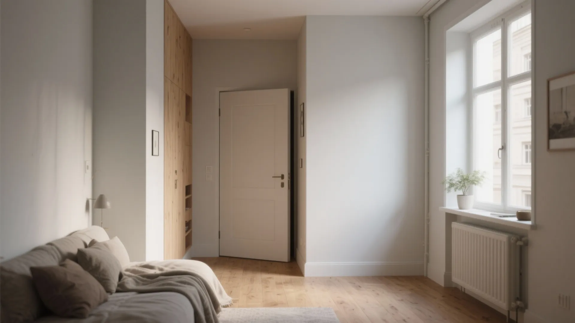 Small modern room featuring light wood floor white door sofa wooden cabinet and large window
