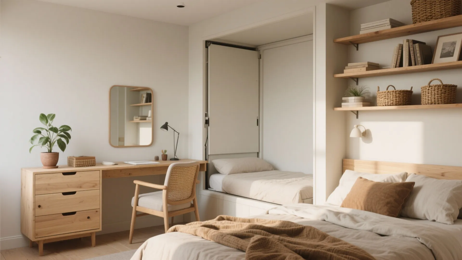 Minimalist small bedroom with wooden desk, wall shelves, Murphy bed, and natural light interior design