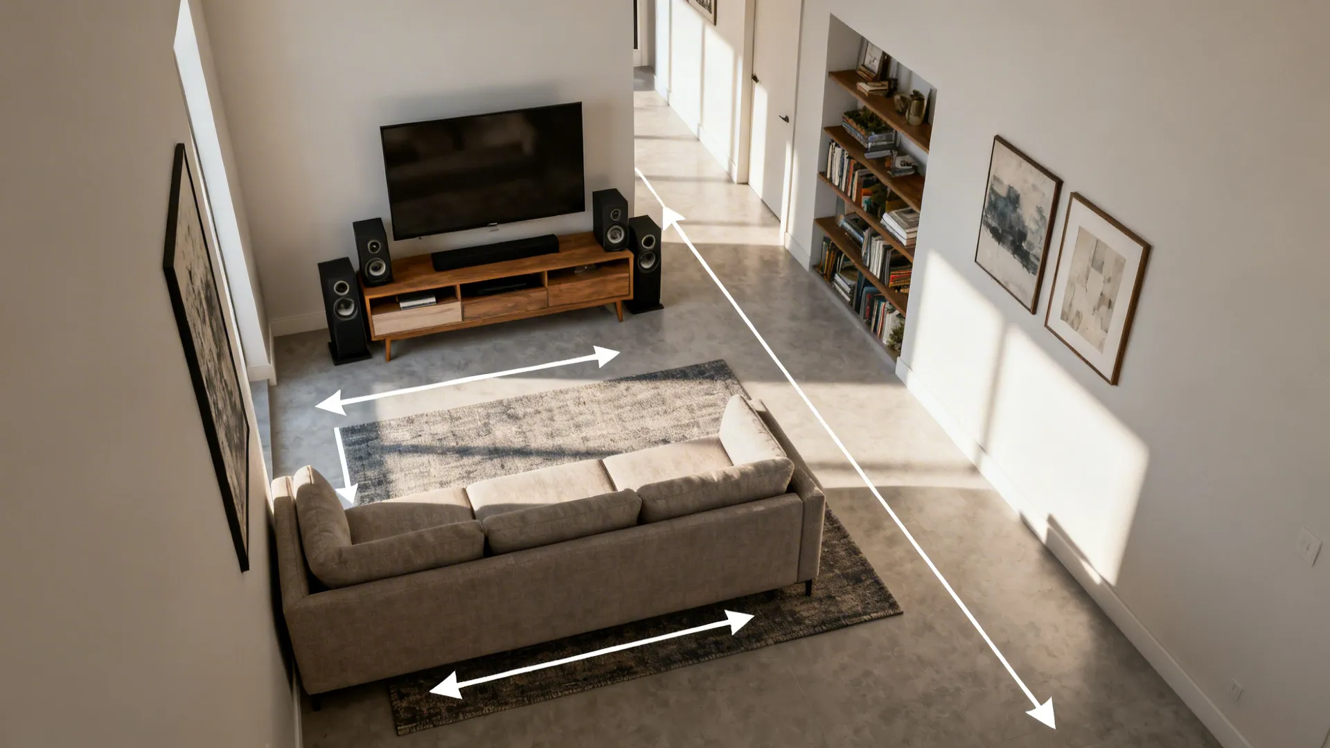 Top-down layout with off-center TV and toed-in sofa creating better flow in a narrow room.
