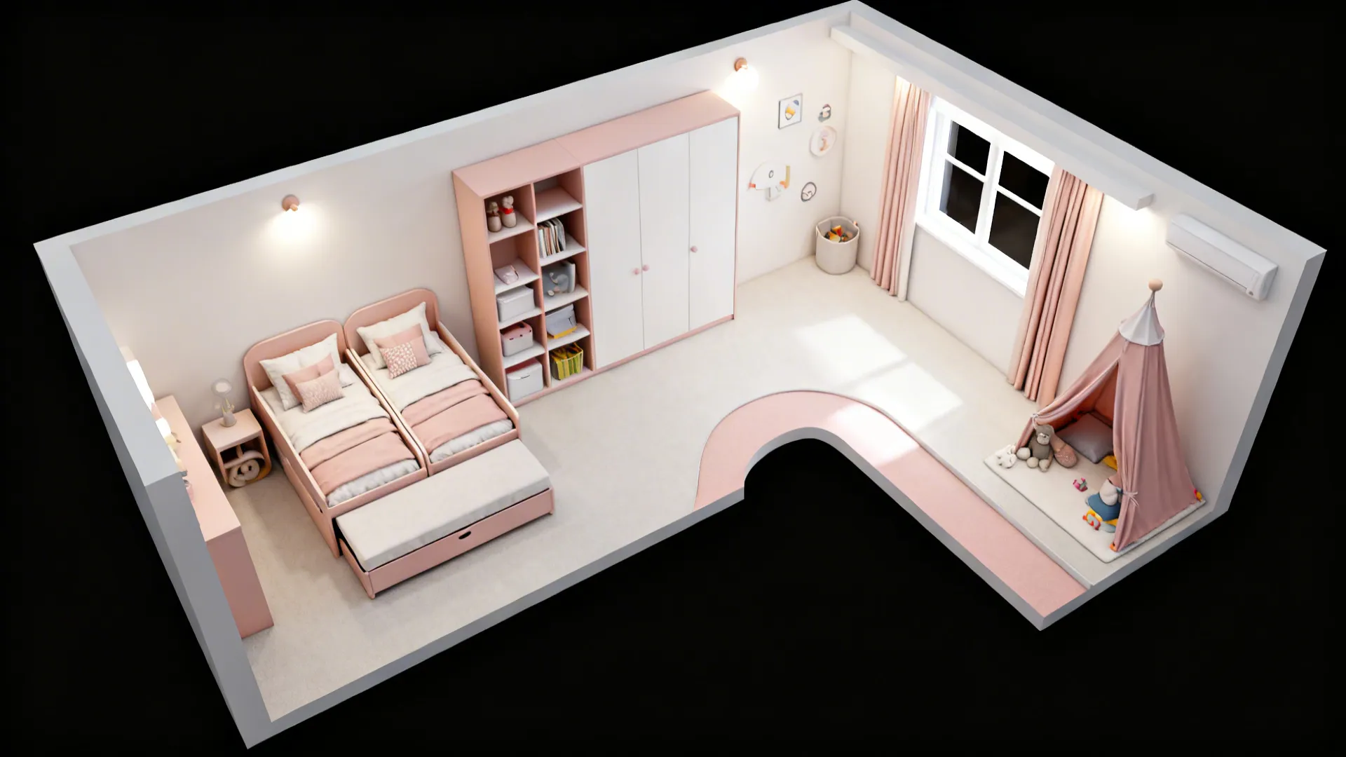 Top-down layout of a small toddler bedroom with sleep, storage, and play zones and an L-shaped circulation path.