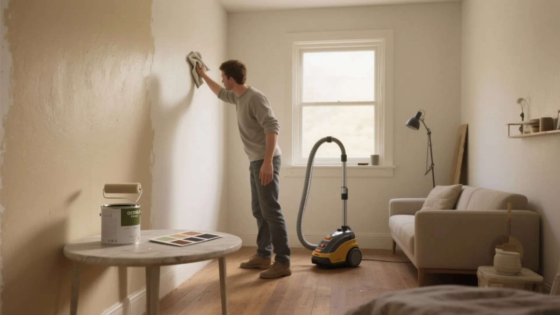 Man cleaning white wall next to yellow paint with vacuum cleaner and sofa in room